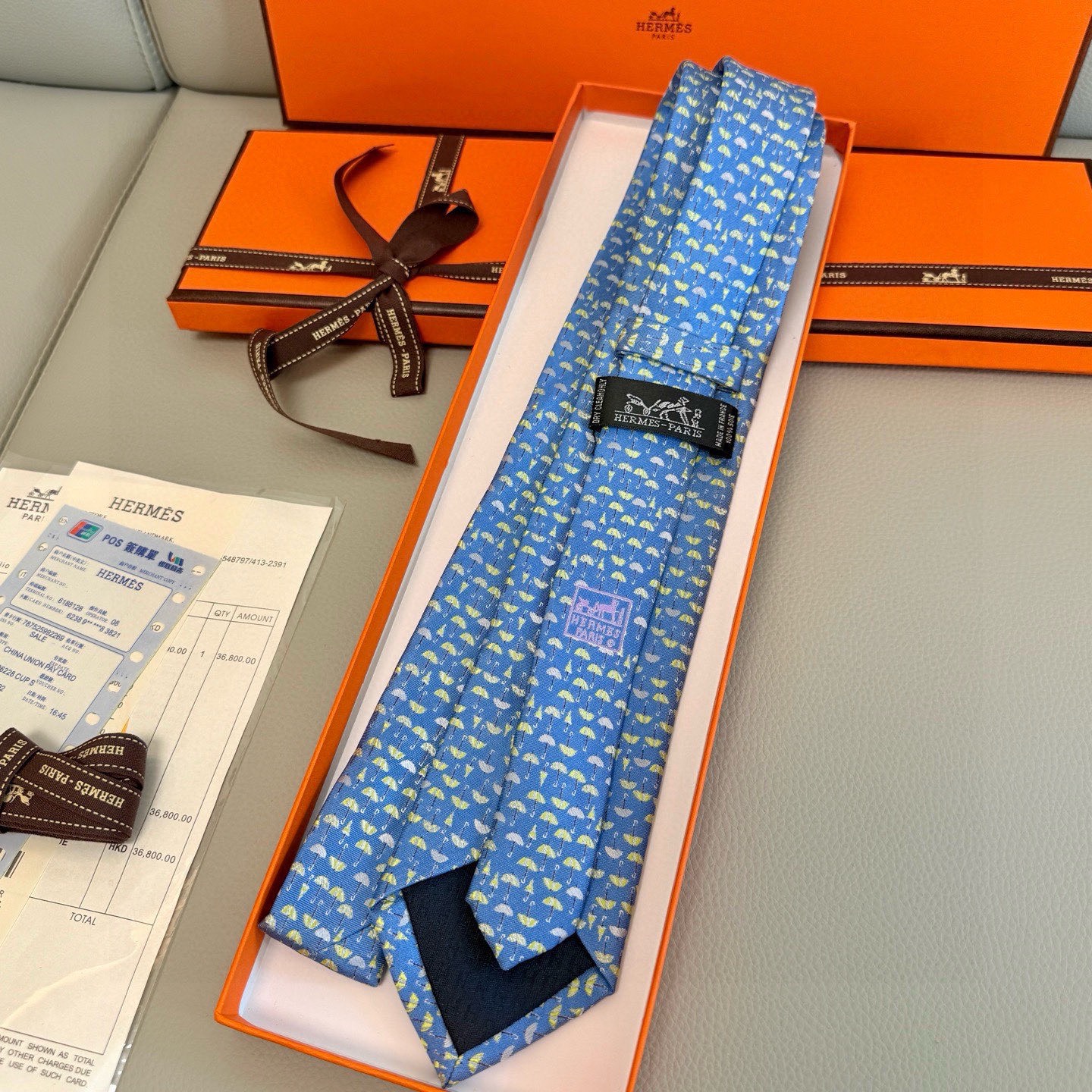 エルメス HERMES ネクタイ 水色 傾いた傘柄 シルク メンズ