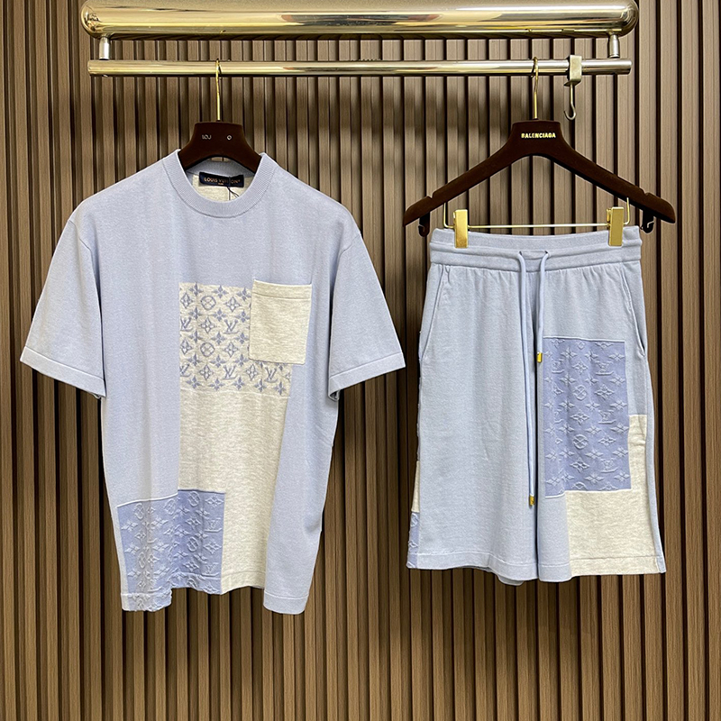 ルイヴィトン LouisVuitton 26AW  ニットパッチワークデニム半袖Tシャツ+ショートパンツ メンズ