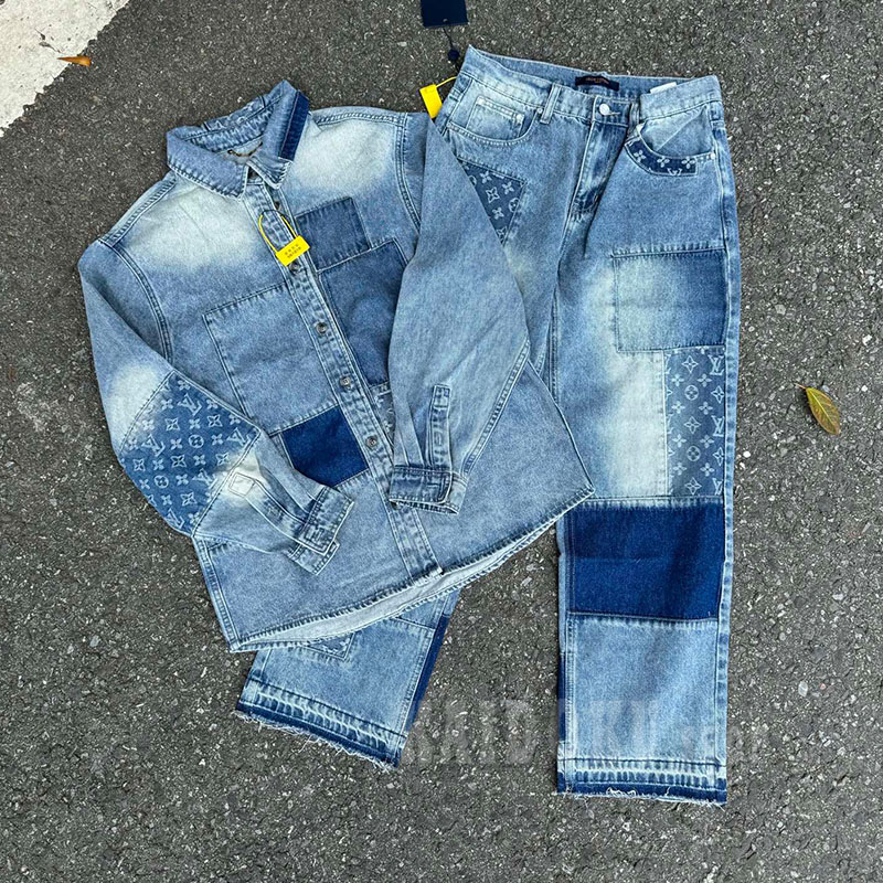 ルイヴィトン LOUIS VUITTON パッチワーク デニム ロングスリーブシャツ+デニムパンツ 2点セット メンズ