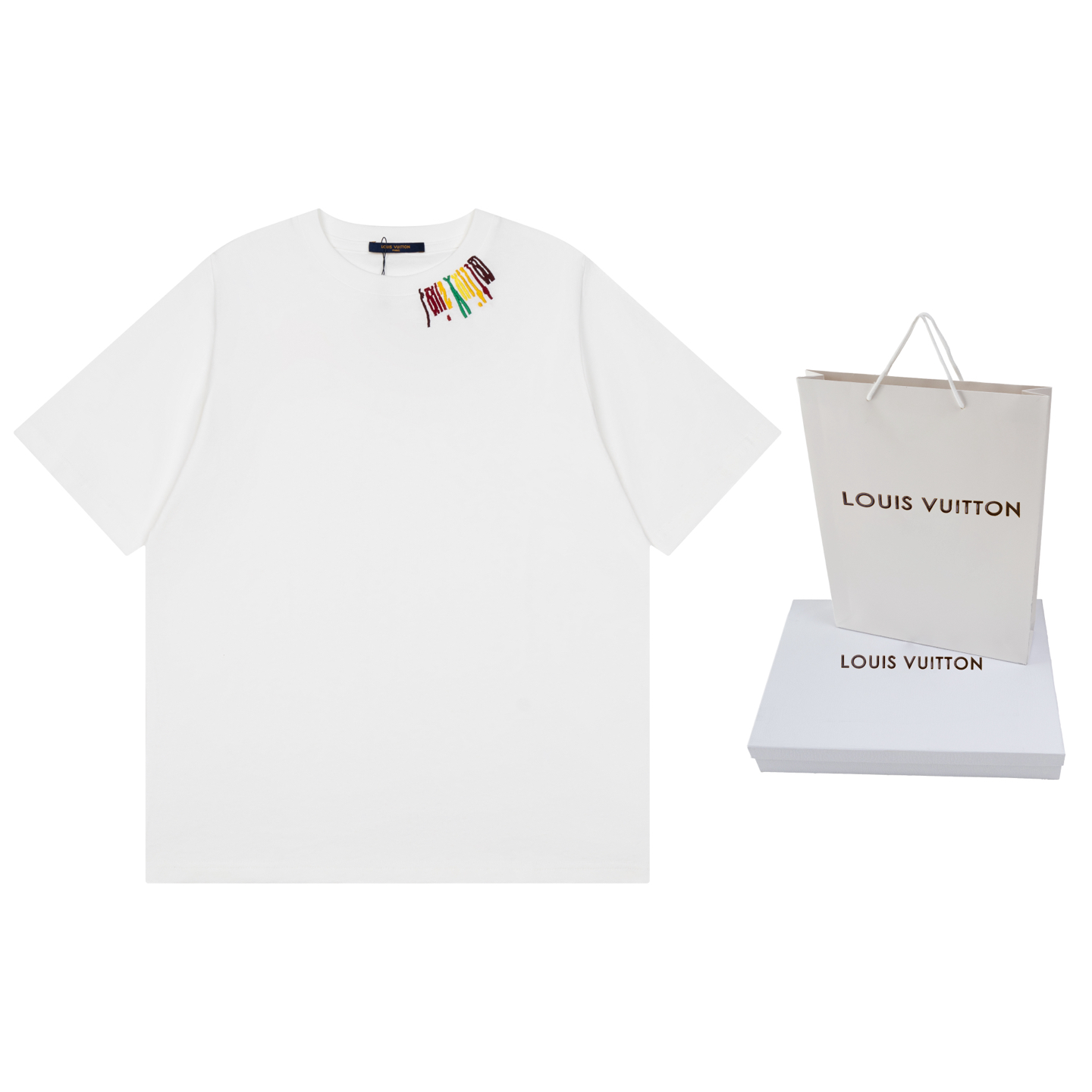 ルイヴィトン チームカラーロゴ刺繍 クルーネック半袖Tシャツ メンズ
