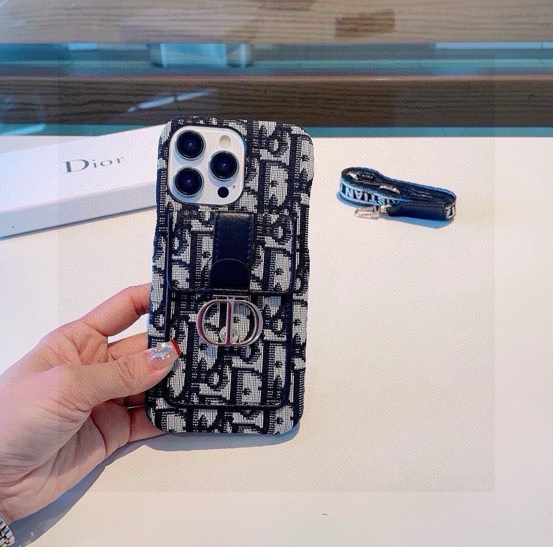 ディオール DIOR 刺繍ストラップ iPhone ケース カードポケット付き 携帯ケース レディース