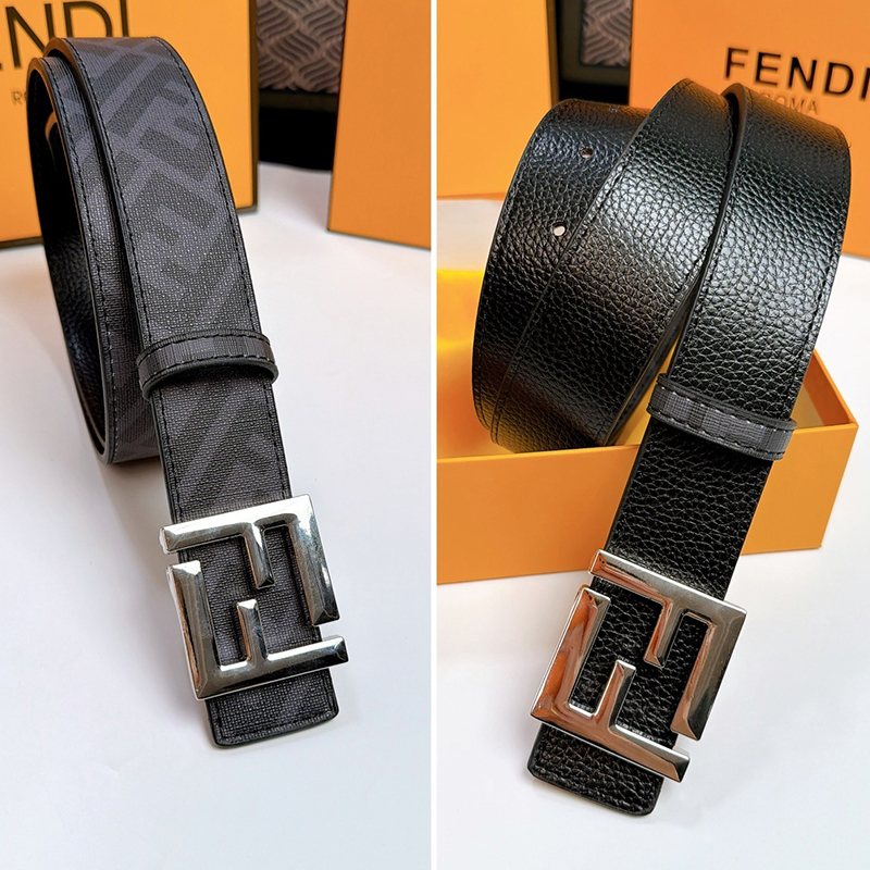 フェンディ FENDI FF ロゴ レザーベルト シルバー/ブラックバックル 3.5cm メンズ