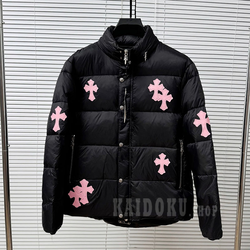 クロムハーツ Chrome Hearts 十字架 ラムレザー切替 レザーパッチ刺繍 ダウンジャケット メンズ レディース