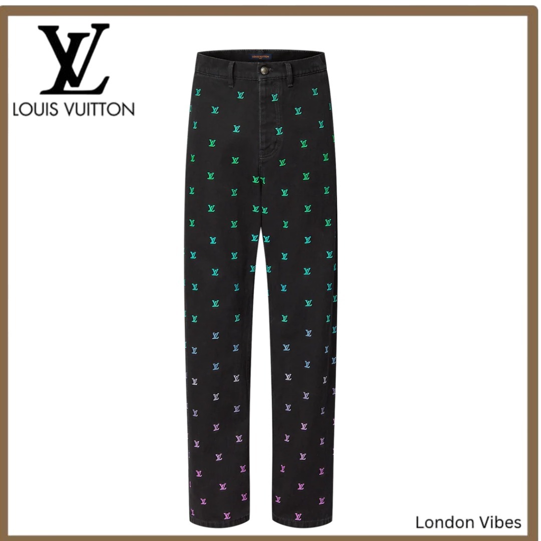 ルイヴィトン LOUIS VUITTON 黒デニムxカラフルLVロゴ デニムパンツ ジーンズ メンズ