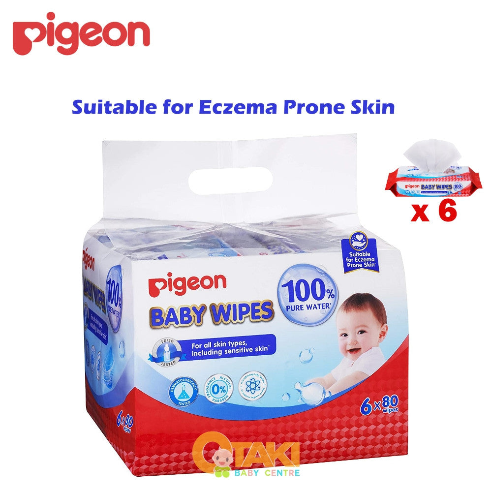 Pigeon 100% Pure Water Baby Wipes / Wet Tissues (6 x 80s Wipes) Suitable For Eczema Prone Skin