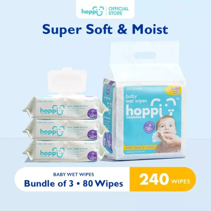 [New Packaging with Cap] Hoppi Baby Wet Wipes 80 Pieces (Pack of 3) Soft, Thick & Large Wet Tissues Super Absorbent