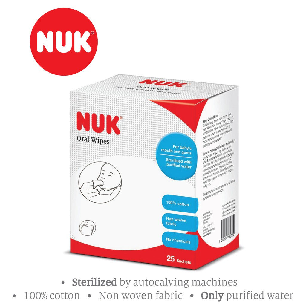 NUK Oral Wipes 100% Cotton, Cleans The Mouth, Pre-Sterilised, 25 Sachets (Expiry: 02/2025)