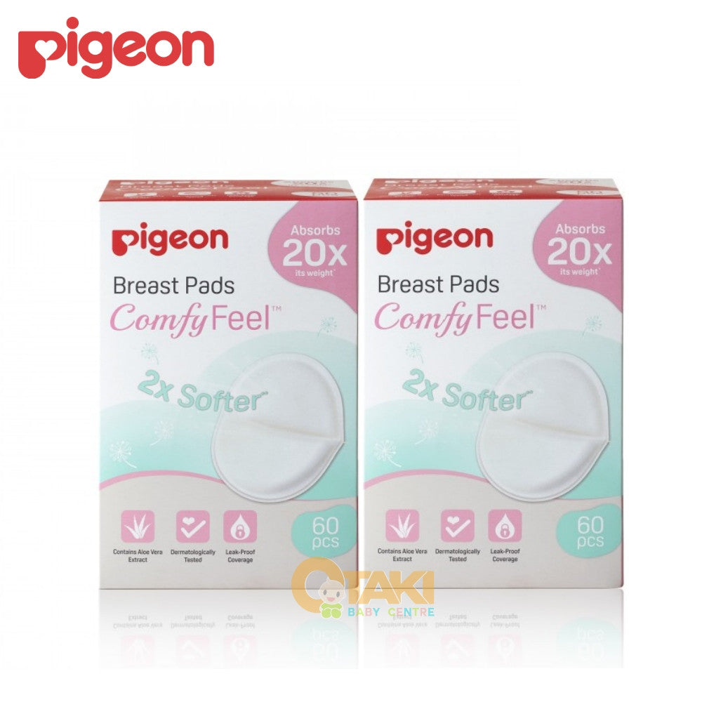 Pigeon Disposable 60 Pieces Breast Pads Comfy Feel, Absorb 20x Its Weight, Container Aloe Vera Extract (Twin Pack)