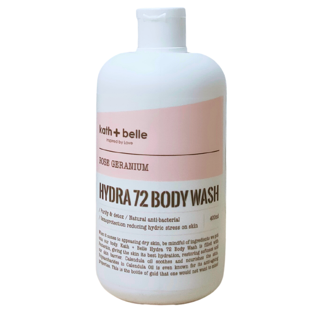 Kath + Belle Hydra 72 Body Wash 400ml Rose Geranium, Purify & Detox, Natural Anti-Bacterial