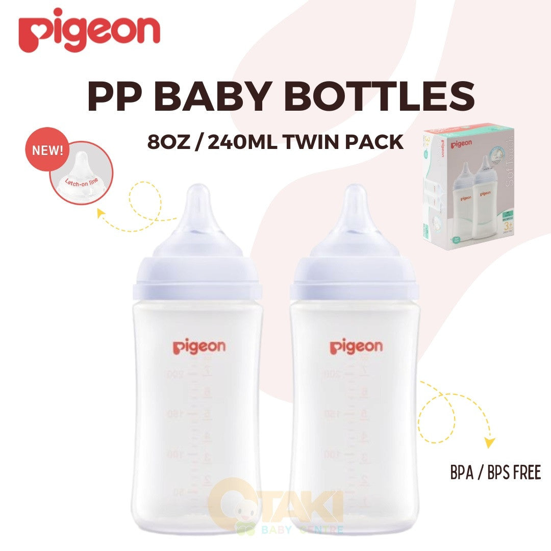Pigeon SofTouch 8oz / 240ml PP Nursing Bottles (Twin Pack) Comes With 3m+ Teats Together