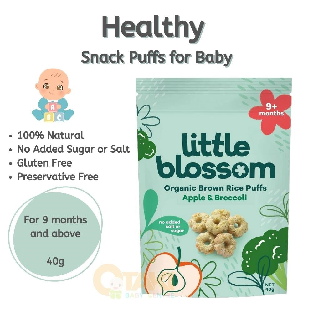 Little Blossom Organic Brown Rice Puffs (Apple & Broccoli) On The Go Snack For 9 Months and above Baby