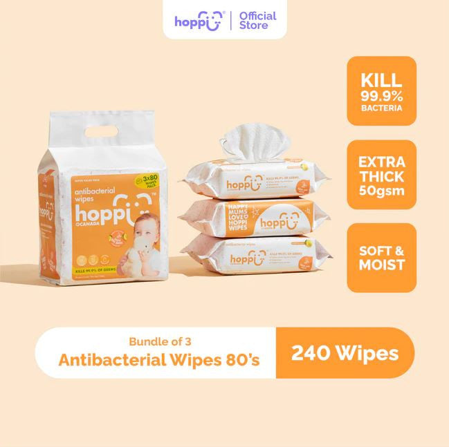 [New Packaging with Cap] Hoppi Baby Antibacterial Wipes 80 Pieces (Pack of 3) For Multipurpose Cleaning & For Sensitive Skin