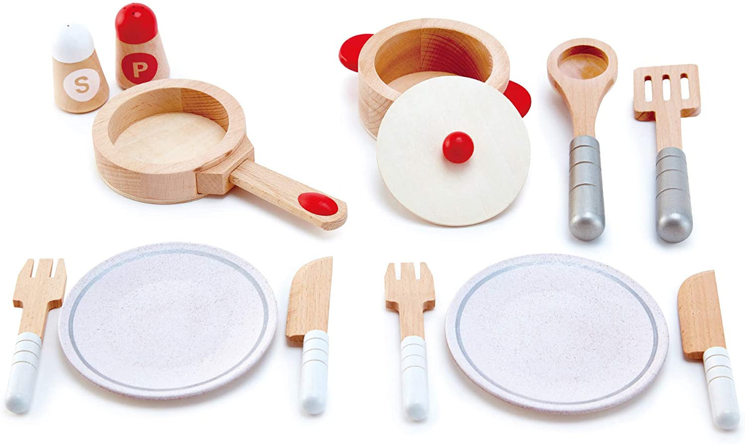 Hape Cook & Serve Set E3150, 13 Piece Wooden Pretend Play Cooking Set with Accessories