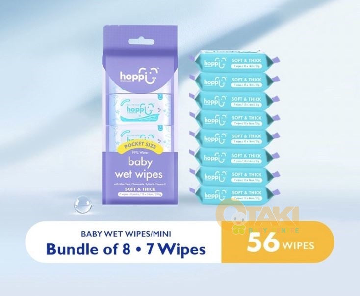 Hoppi Pocket Size Baby Wet Wipes 7 Sheets (Pack of 8) Soft, Thick & Large Wet Tissues Super Absorbent