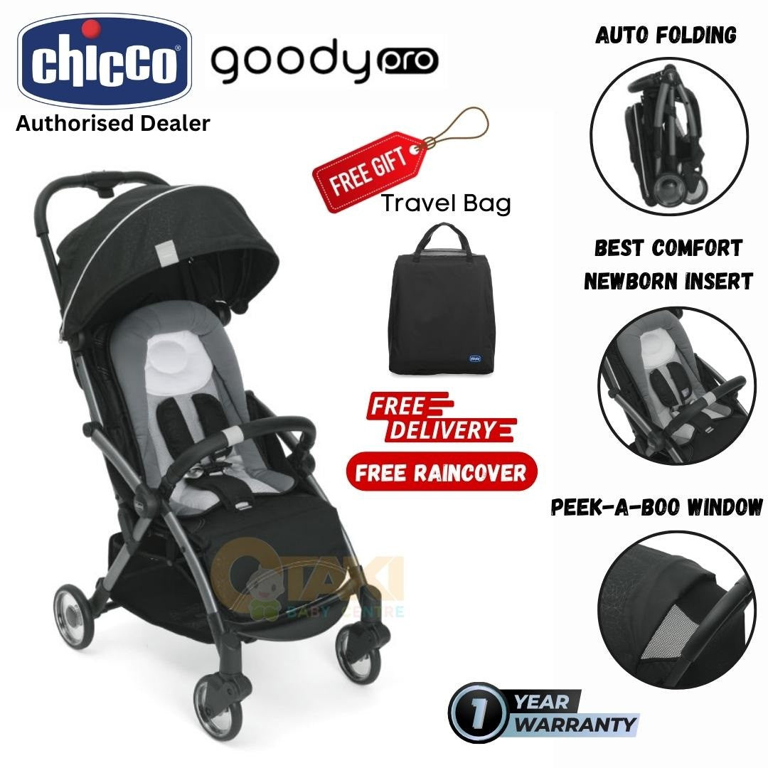 Chicco Goody Pro Auto Folding Light Weight Compact Baby Stroller (Black Beauty) With Free Gifts