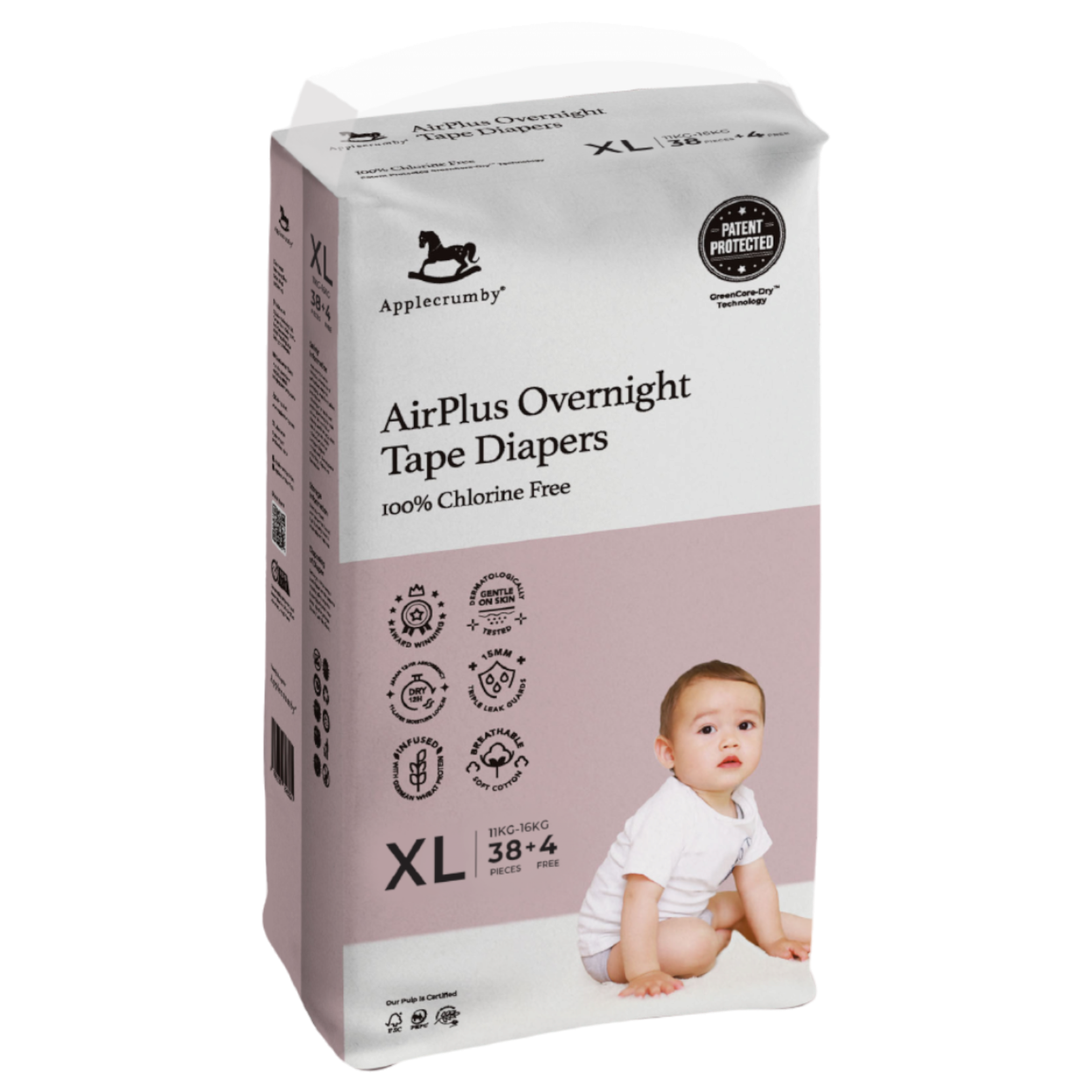 APPLECRUMBY Airplus Overnight Tape Diapers XL [11kg-16kg] [38+4pcs]