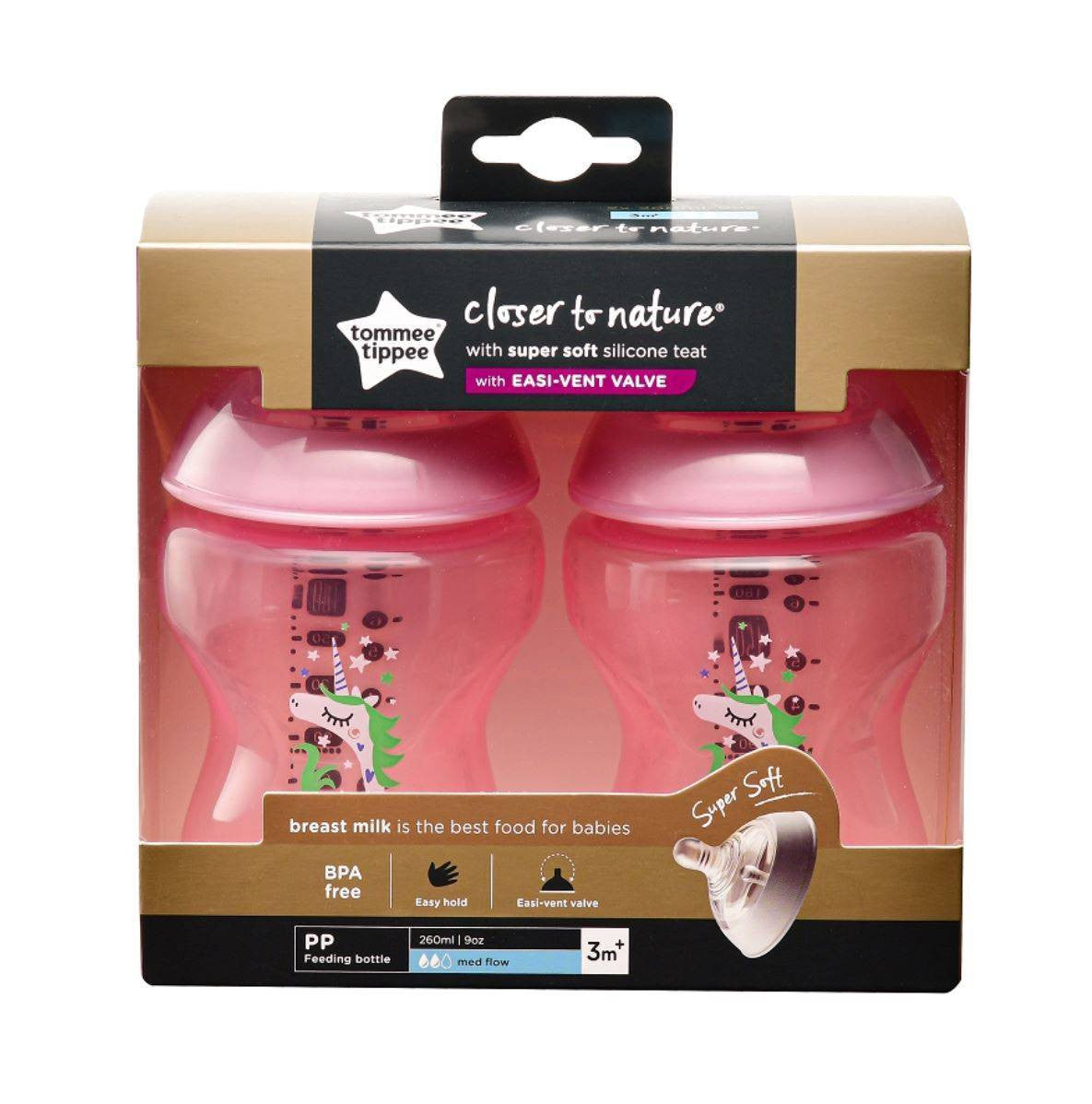 Tommee Tippee Decorated Tinted 9oz / 260ml PP Feeding Bottles (2 Bottles In a Pack) Pink Unicorn Design