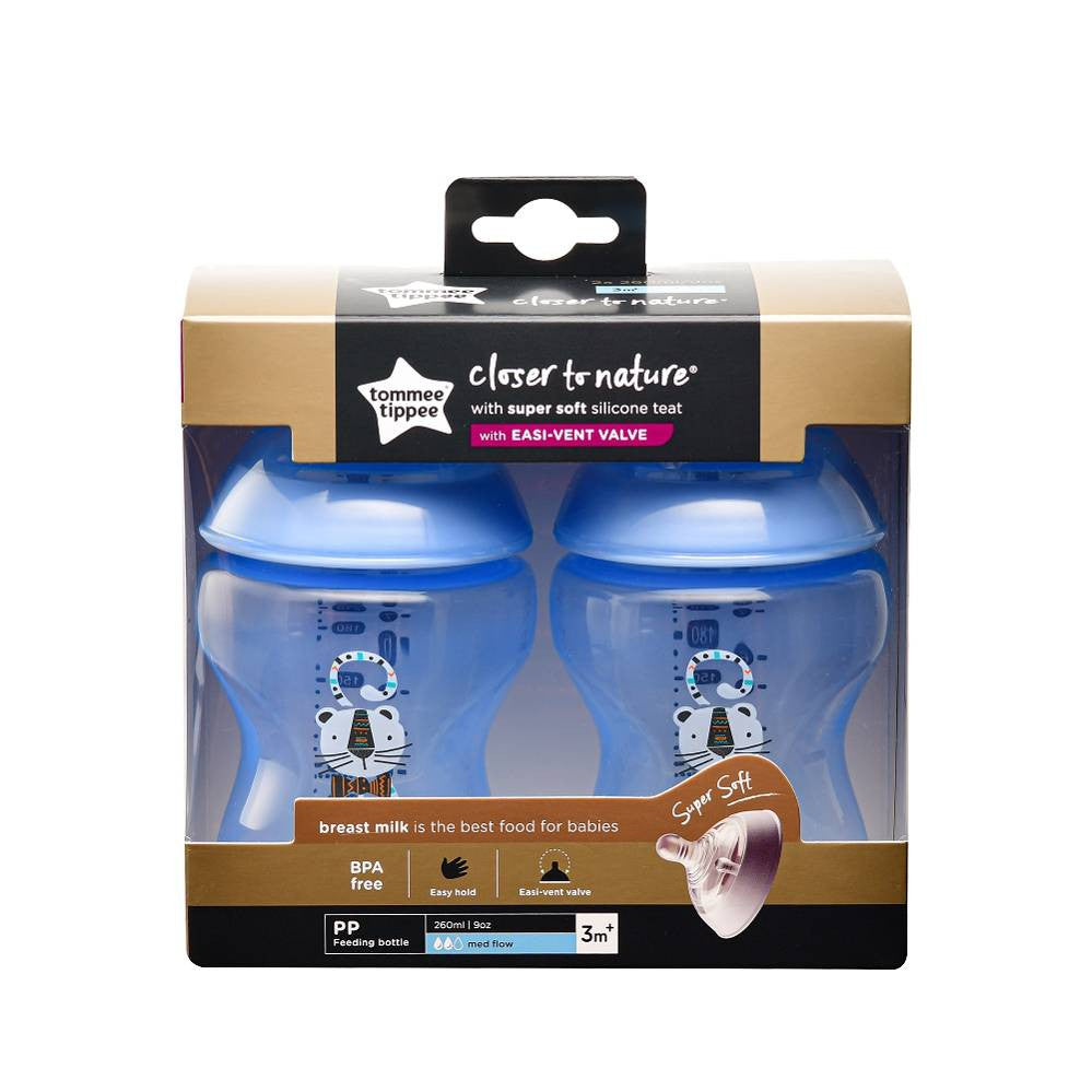 Tommee Tippee Decorated Tinted 9oz / 260ml PP Feeding Bottles (2 Bottles In a Pack) Blue Cat Design