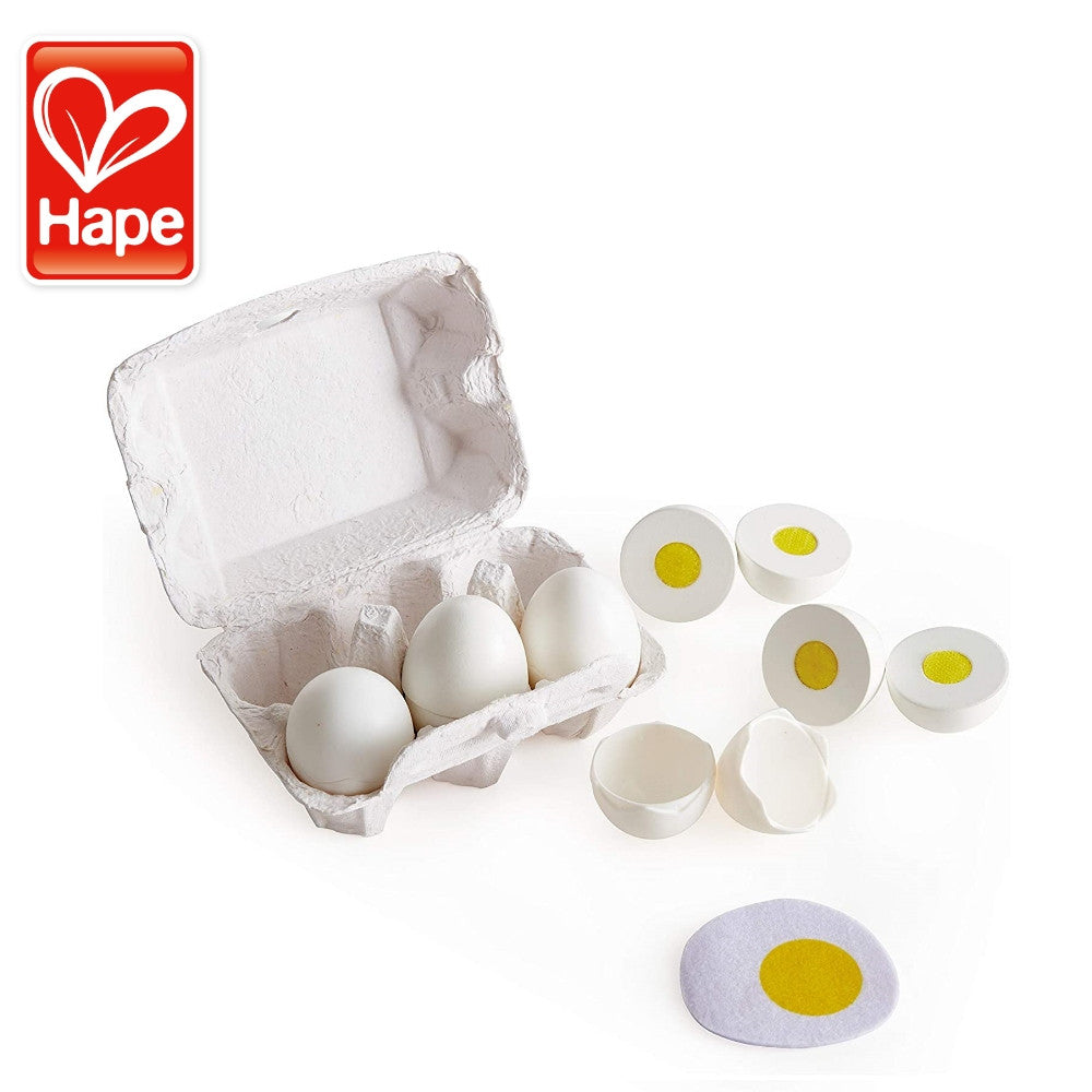 Hape Egg Carton, 3 Hard-Boiled Eggs with Easy-Peel Shell & 3 Fried, Wooden Realistic Educational Toy for Children 3+