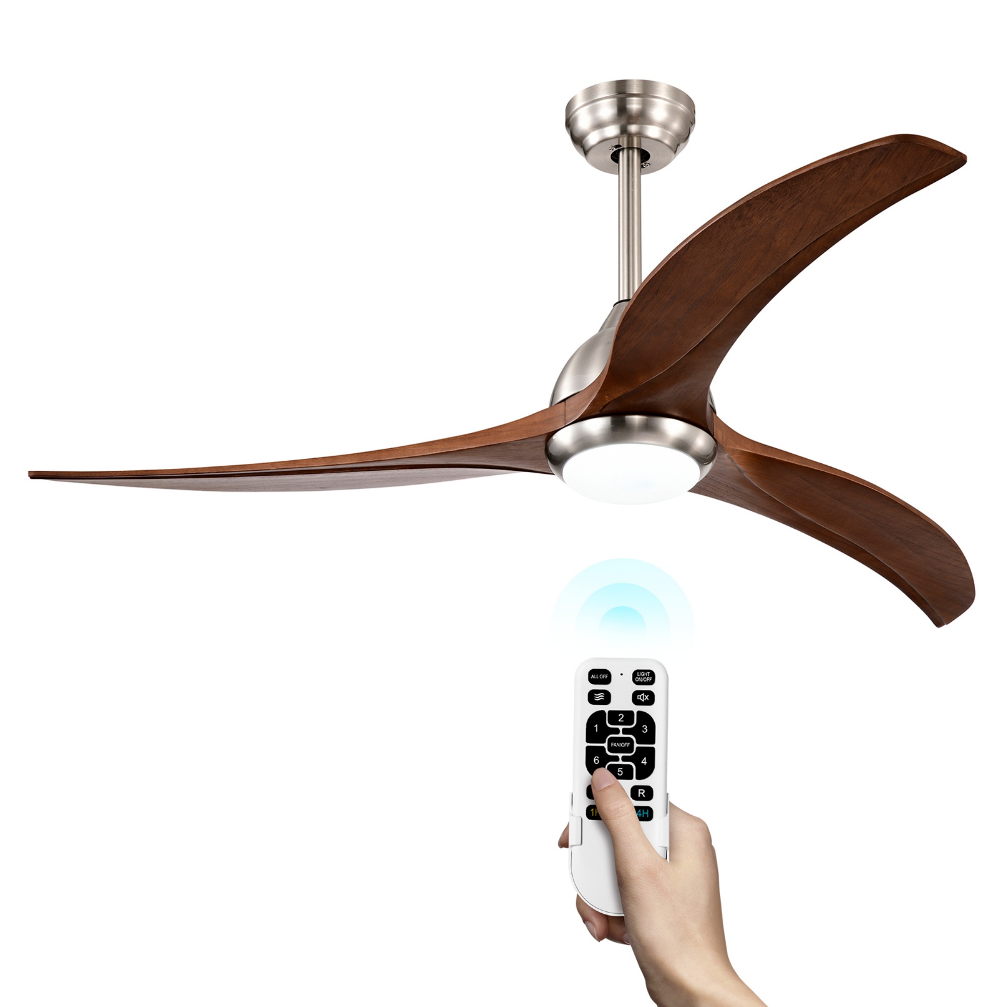 52'' 3 Timber Wooden Blades Ceiling Fan Indoor/Outdoor 6 Speed Reversible 3 LED Light Remote Control Chrome & Mahogany