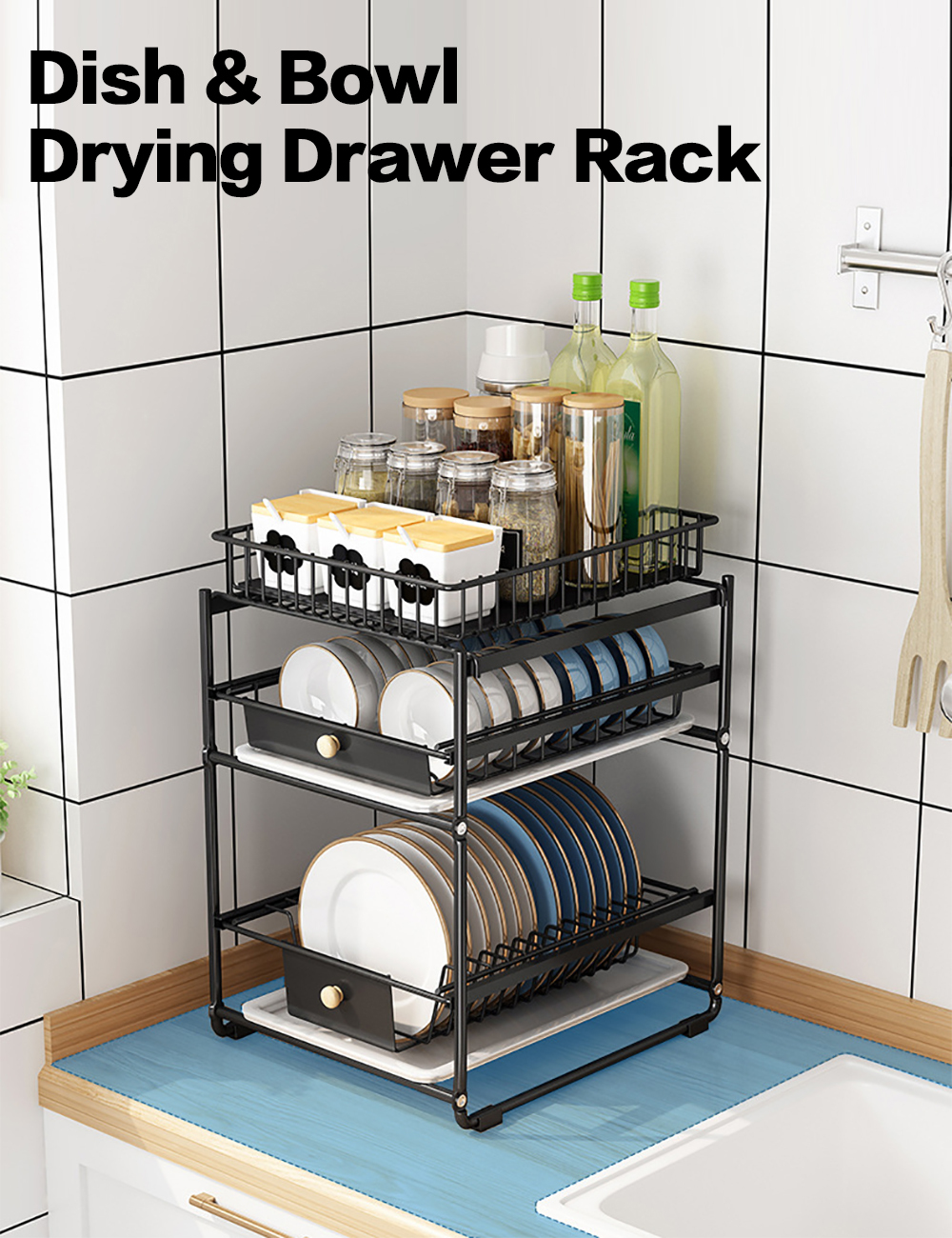 3-Layer Dish Storage Rack Drainer Kitchen Organiser Plate Bowl Drying Slide Out Drawer