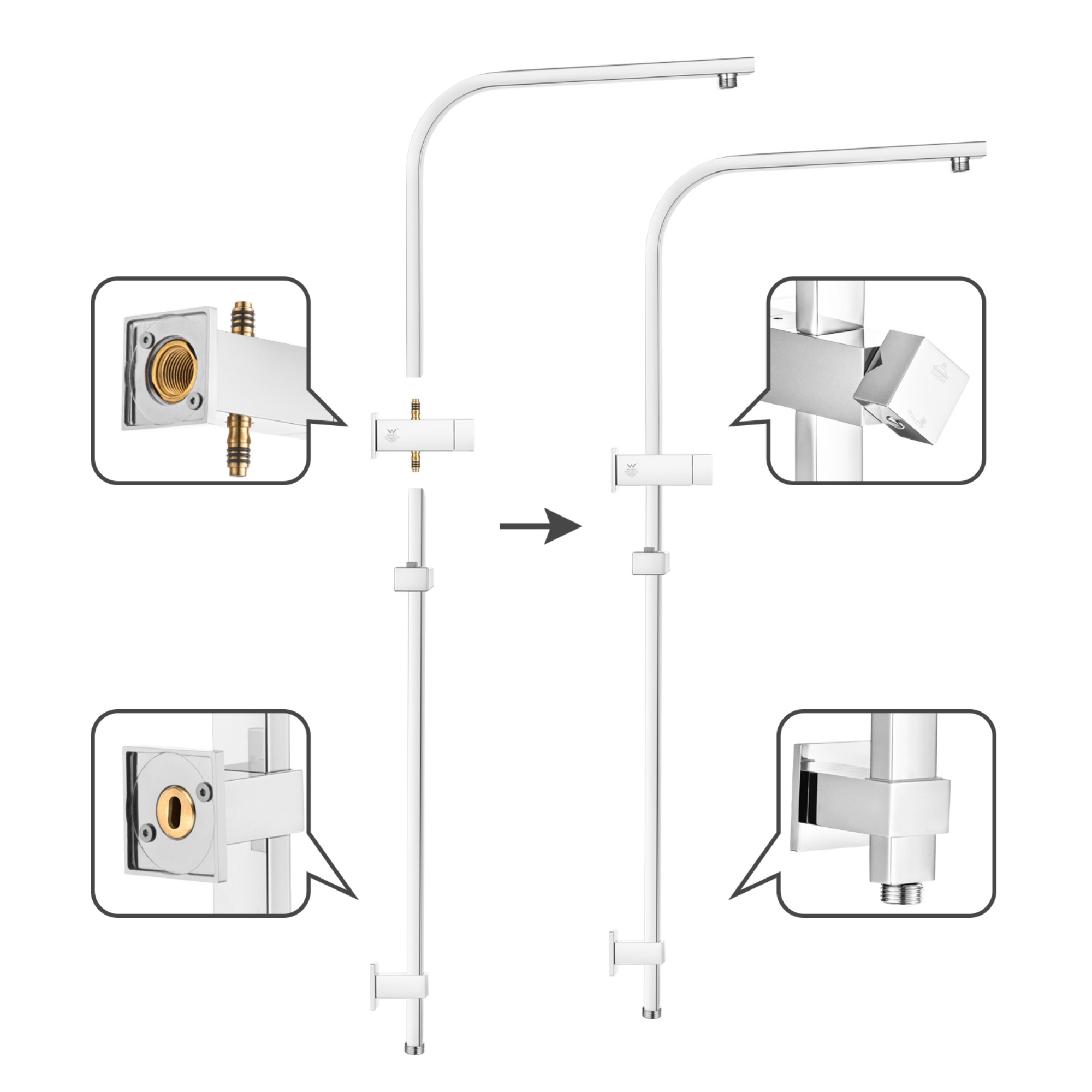 Bathroom Square Twin Rail Shower Body Sliding Rail Gooseneck Wall Arm Diverter 1.5m Shower Hose Chrome/Black