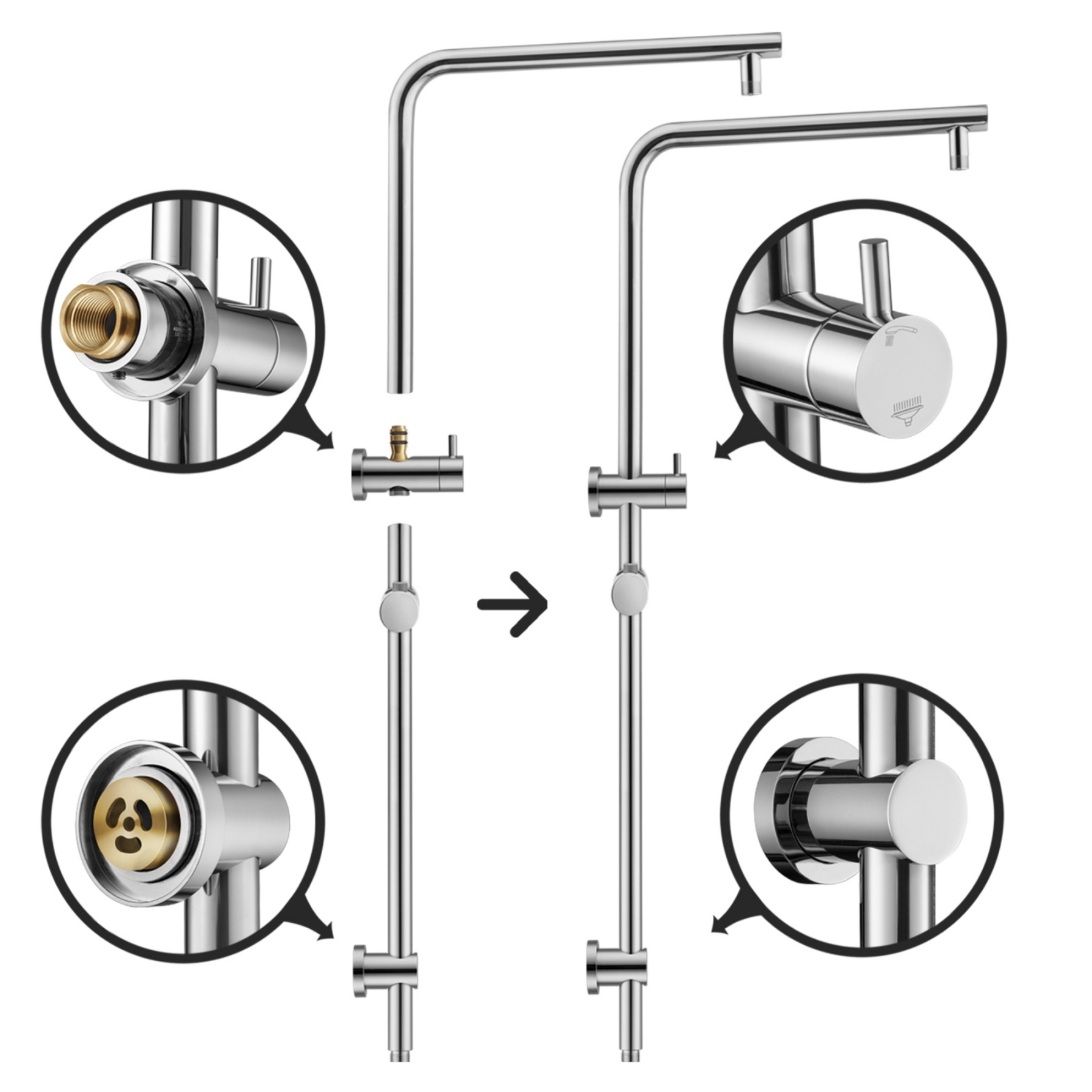 Chrome Round Twin Shower Head Rail Body Sliding Rail Wall Arm Diverter Shower Hose for Handheld Shower Head