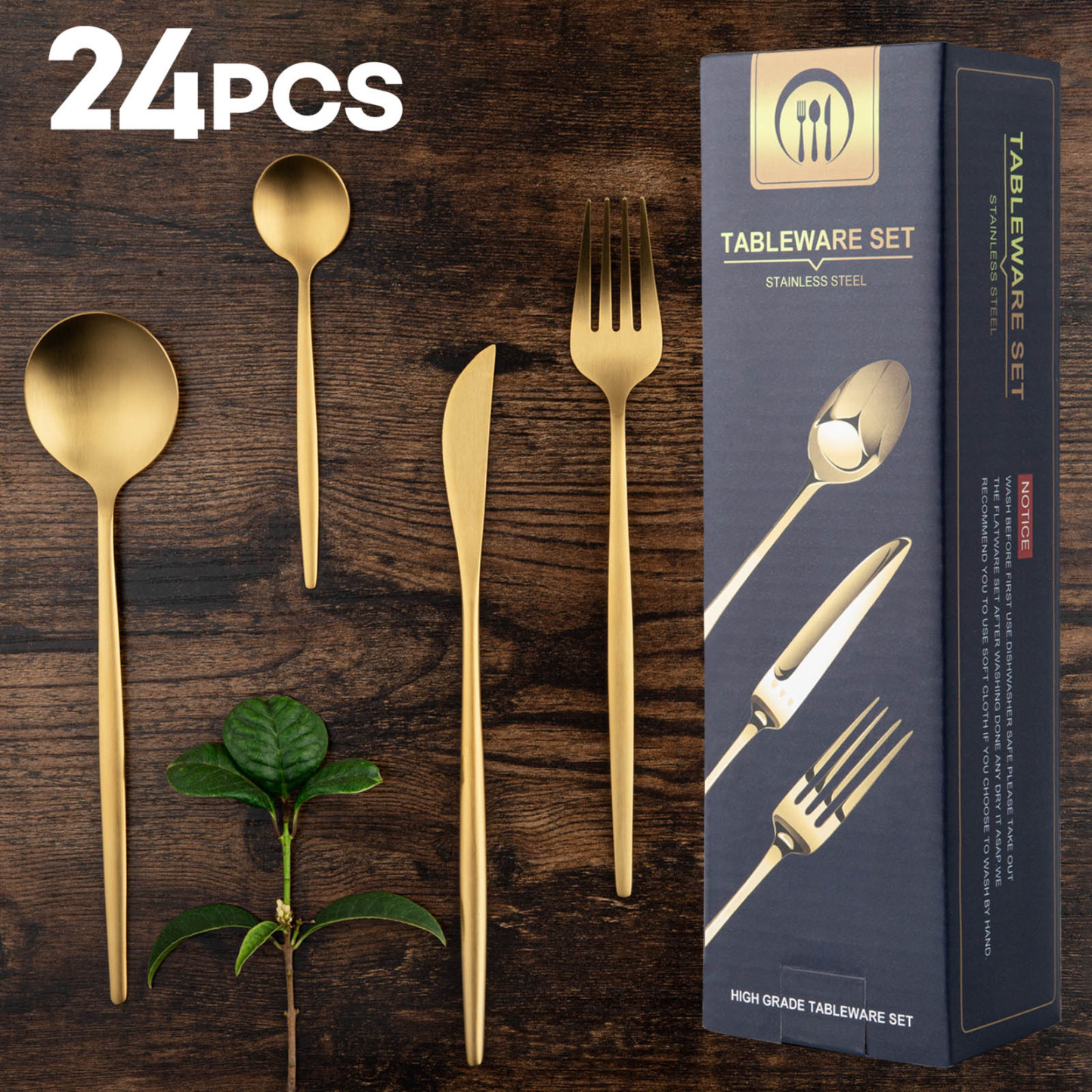 Stainless Steel Knife Fork Spoon Dinnerware Kitchen Cutlery Set 24Pcs -Gold