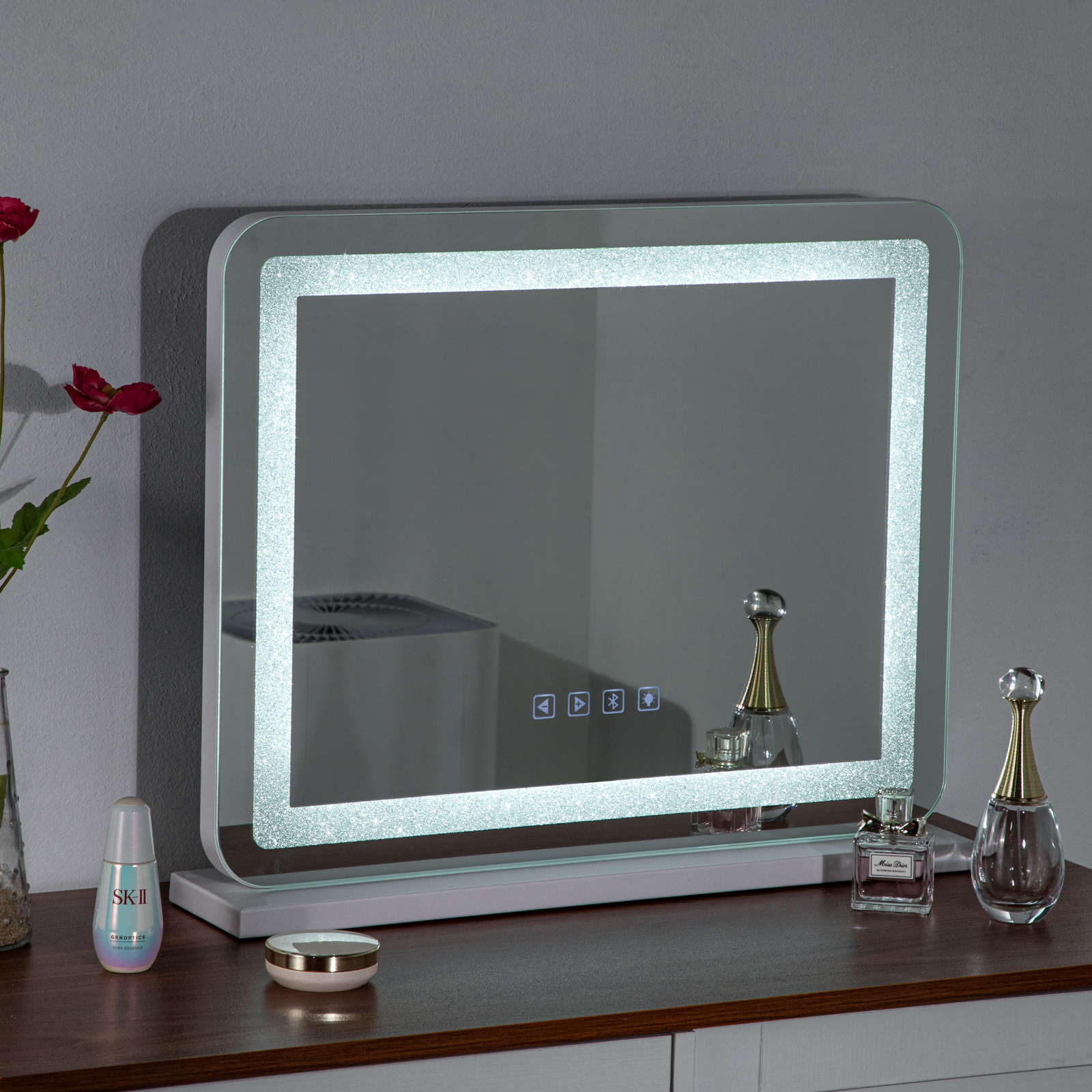 580x460mm Bluetooth Vanity Tabletop Makeup Mirror Rectangle LED Crystal Light