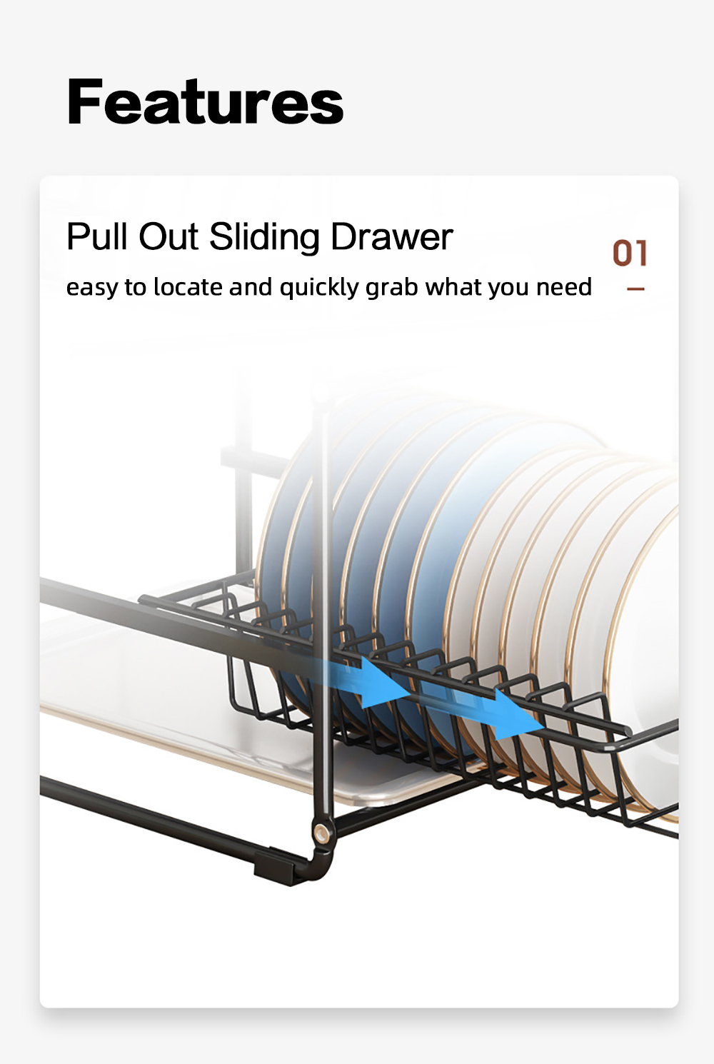 3-Layer Dish Storage Rack Drainer Kitchen Organiser Plate Bowl Drying Slide Out Drawer