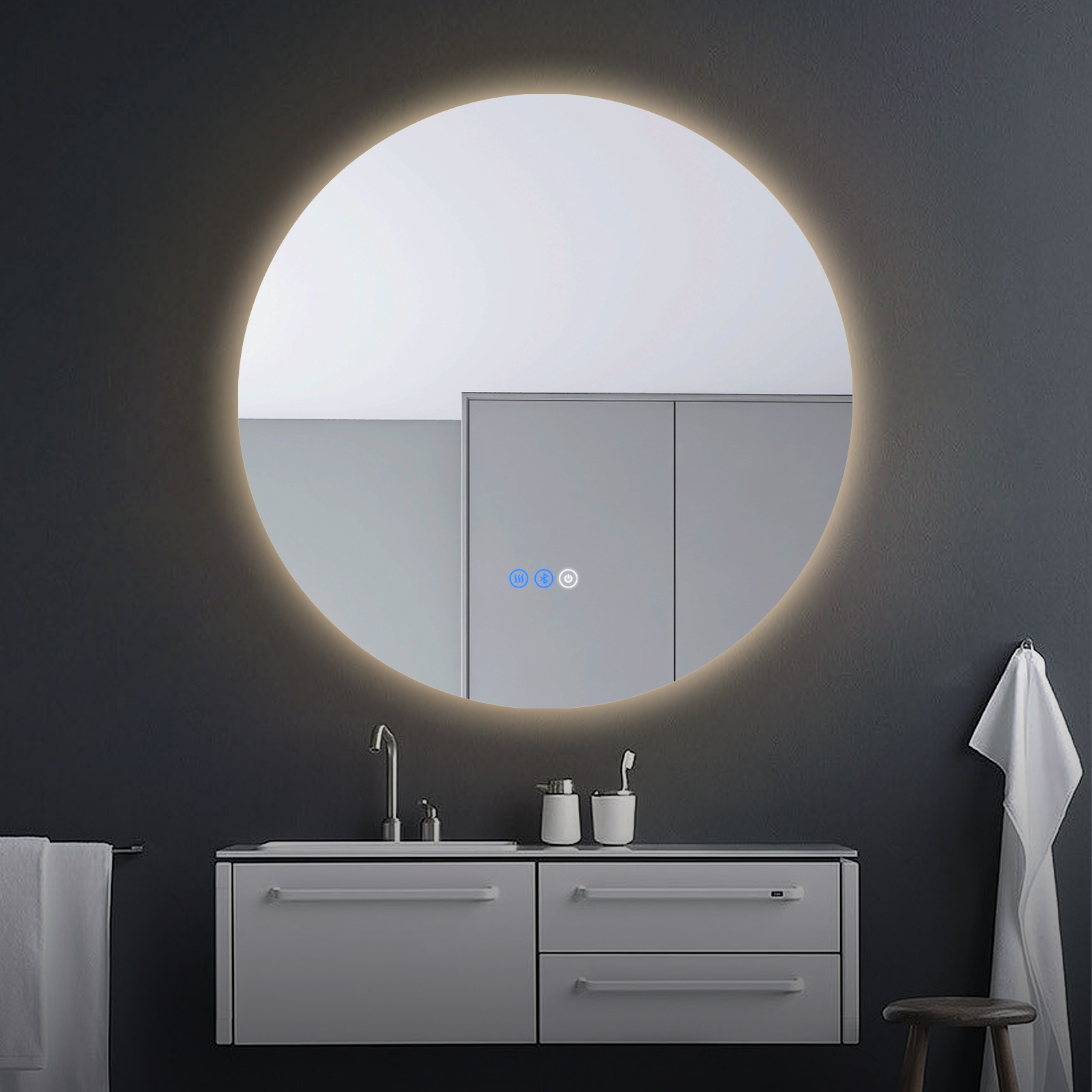 600 800mm Bathroom Round Backlit LED Mirror Touch Anti-fog Wall Mounted Bluetooth Make up Mirror