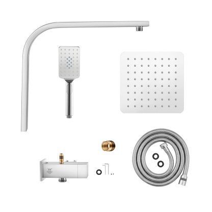 Bathroom 8“ Rectangle Rain Twin Shower Set Super Thin Overhead Shower Head 3 Function Hand-held Shower Rose Gooseneck Shower Arm Chrome/Black