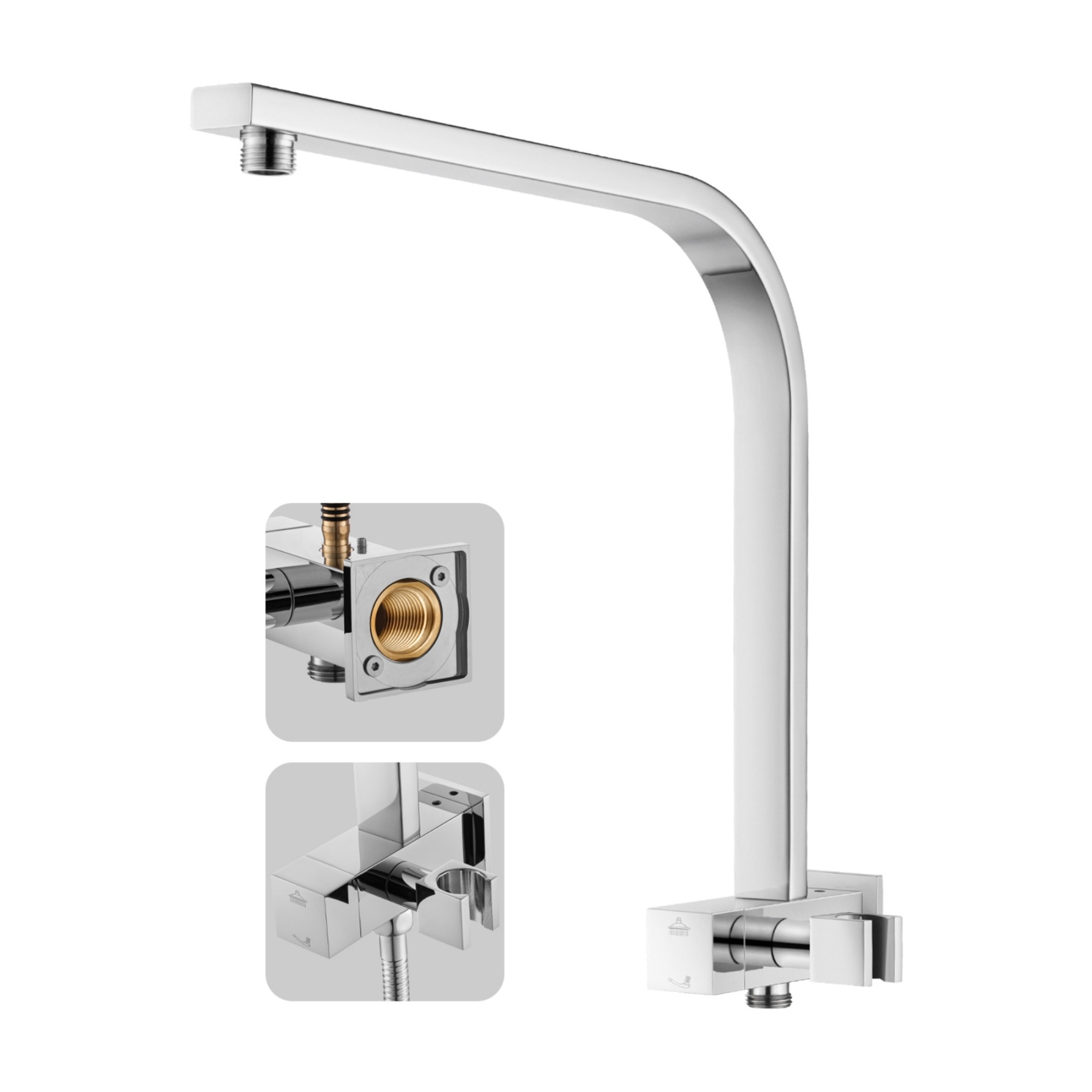 Square Twin Shower Head Rail Body Gooseneck Wall Arm Diverter 1.5m Water Hose Black/Chrome