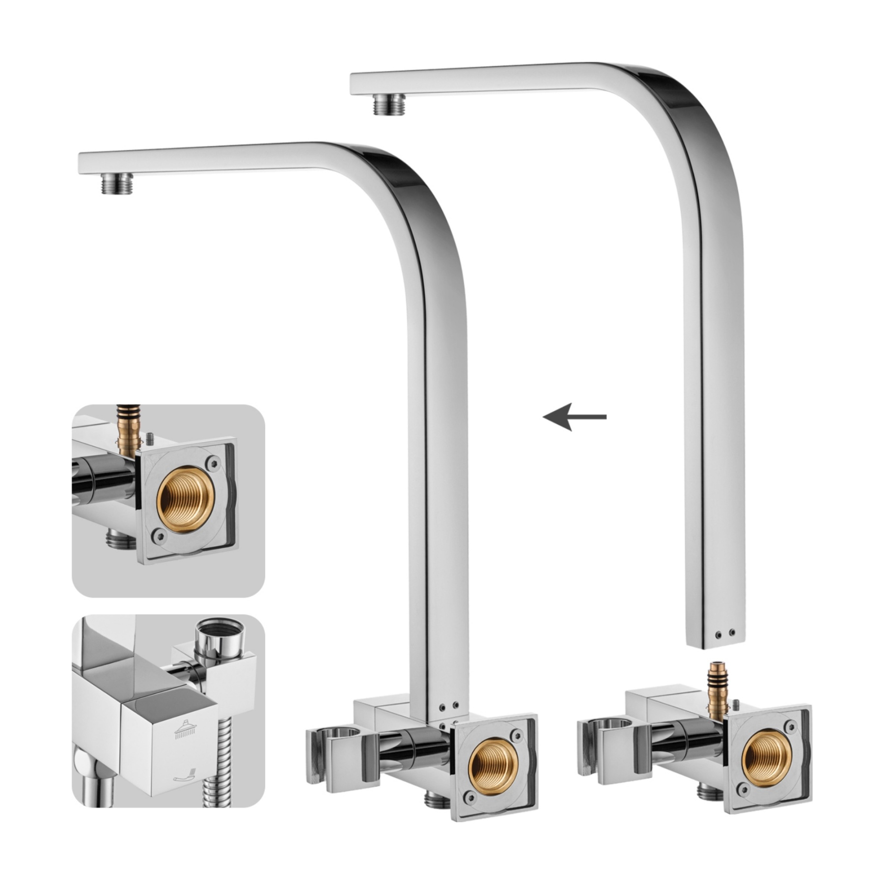 Square Twin Shower Head Rail Body Gooseneck Wall Arm Diverter 1.5m Water Hose Black/Chrome