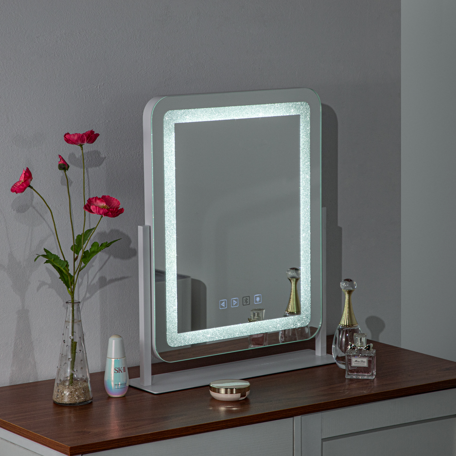 500x400mm Crystal LED Light Vanity Tabletop Makeup Mirror Touch Bluetooth 360° Rotation