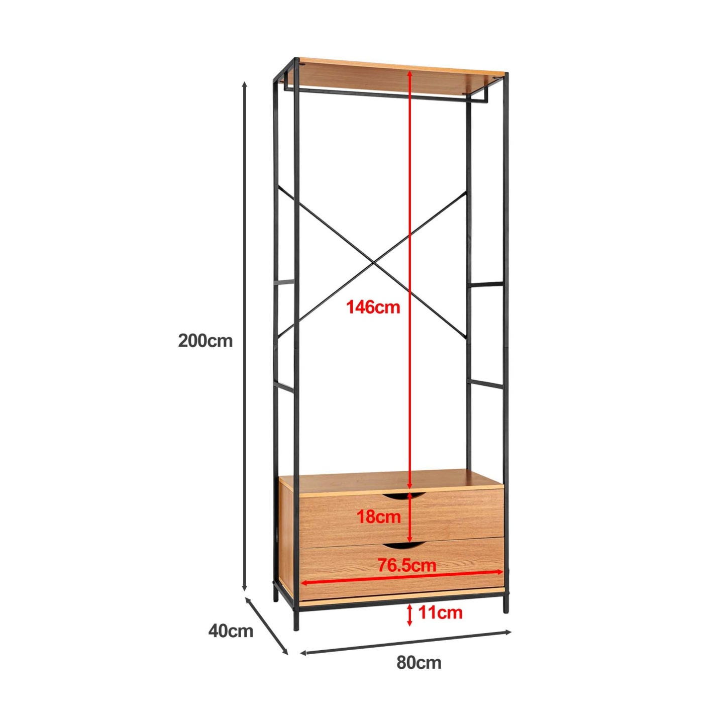 2 Drawer Cabinet Open Wardrobe Clothes Storage Organizer Coat Garment Hanger Rail Rack