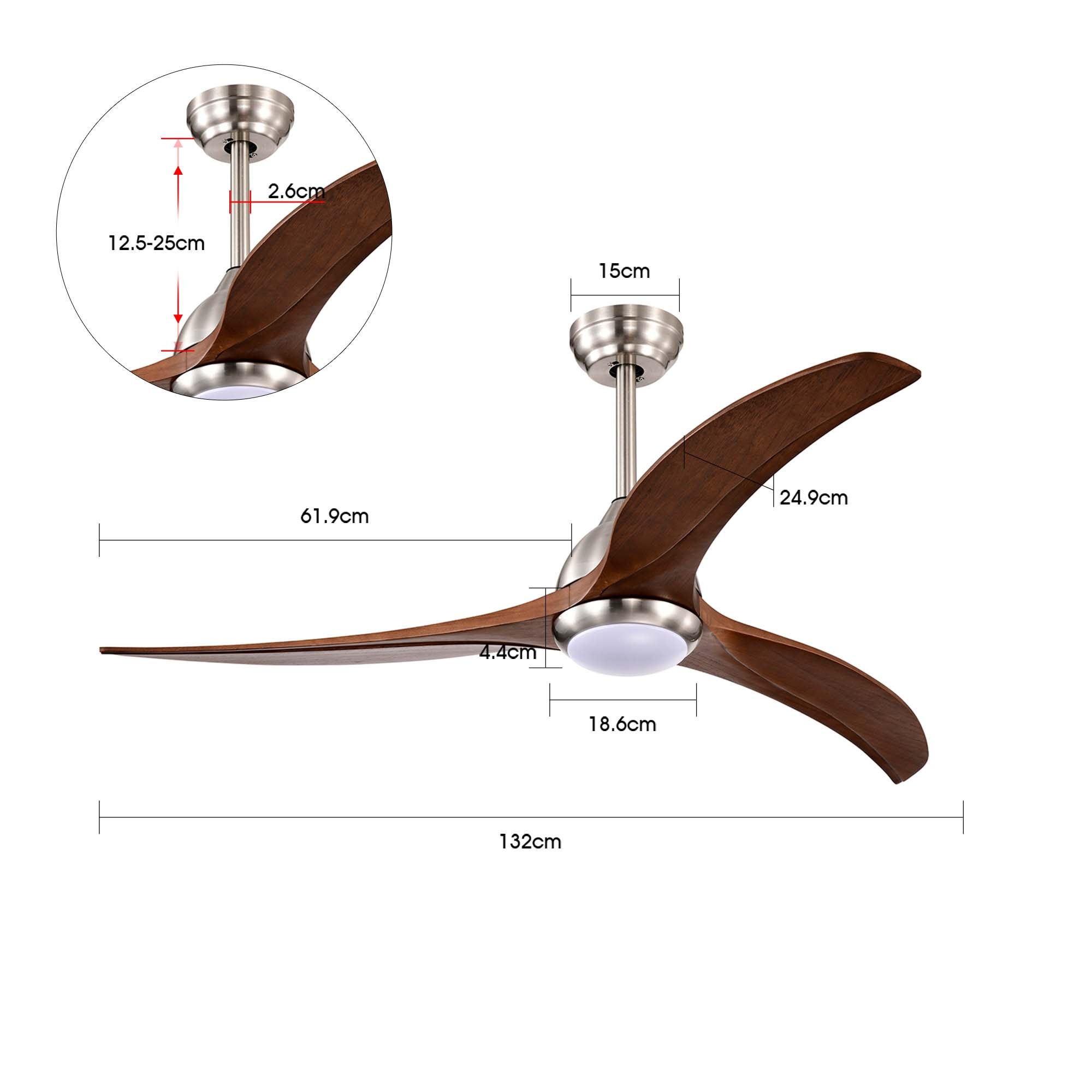 52'' 3 Timber Wooden Blades Ceiling Fan Indoor/Outdoor 6 Speed Reversible 3 LED Light Remote Control Chrome & Mahogany