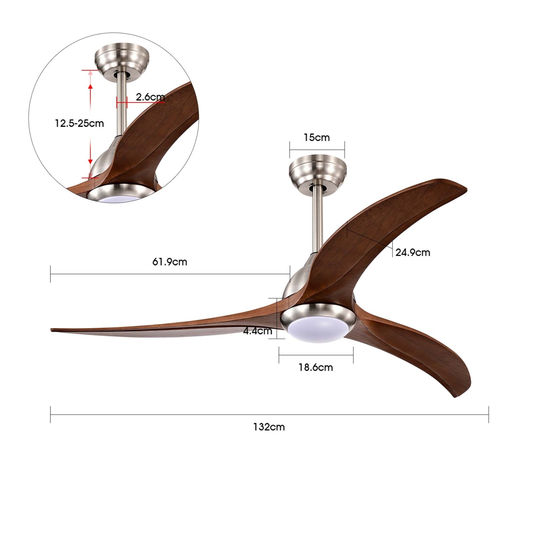 52'' 3 Timber Wooden Blades Ceiling Fan Indoor/Outdoor 6 Speed Reversible 3 LED Light Remote Control Chrome & Mahogany