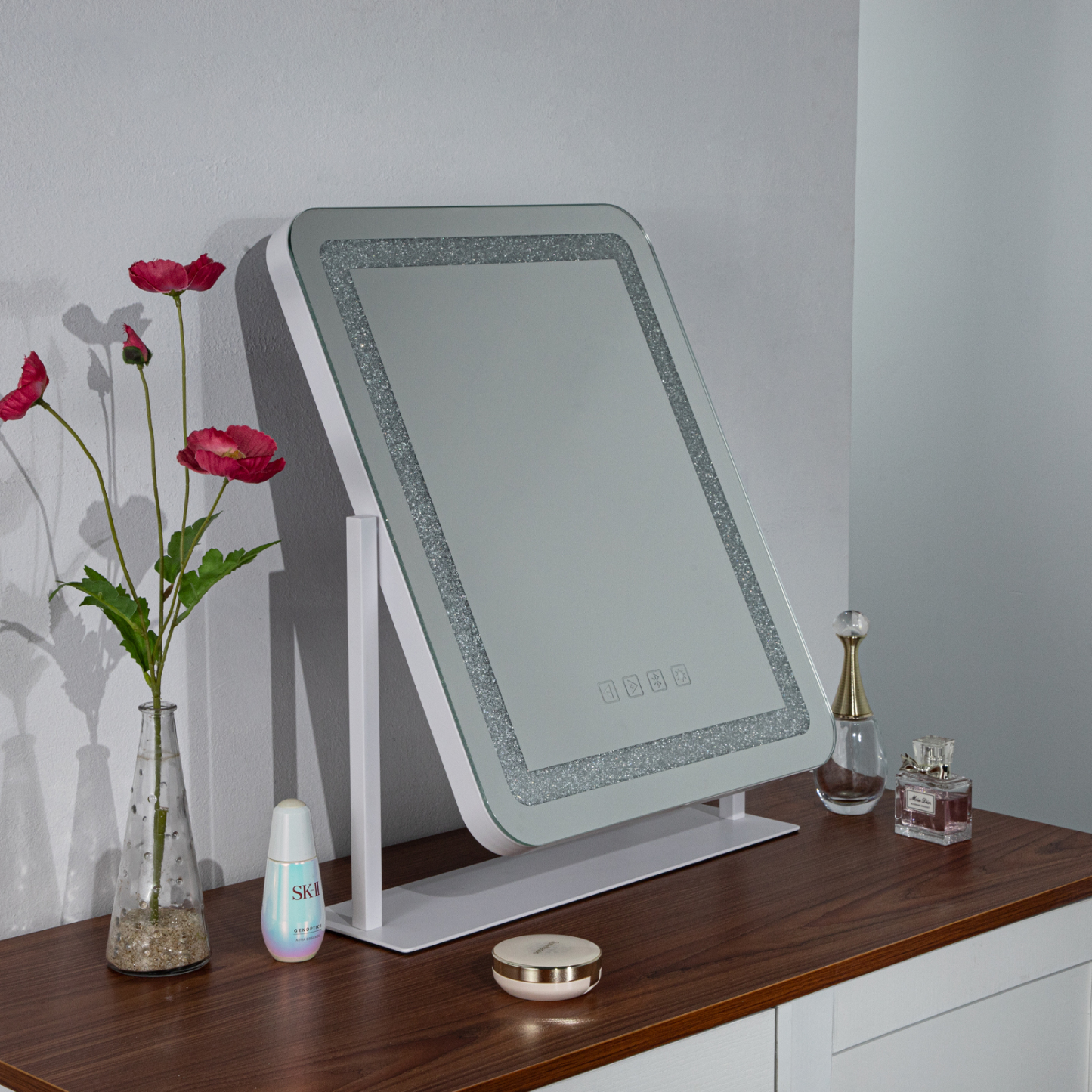 500x400mm Crystal LED Light Vanity Tabletop Makeup Mirror Touch Bluetooth 360° Rotation