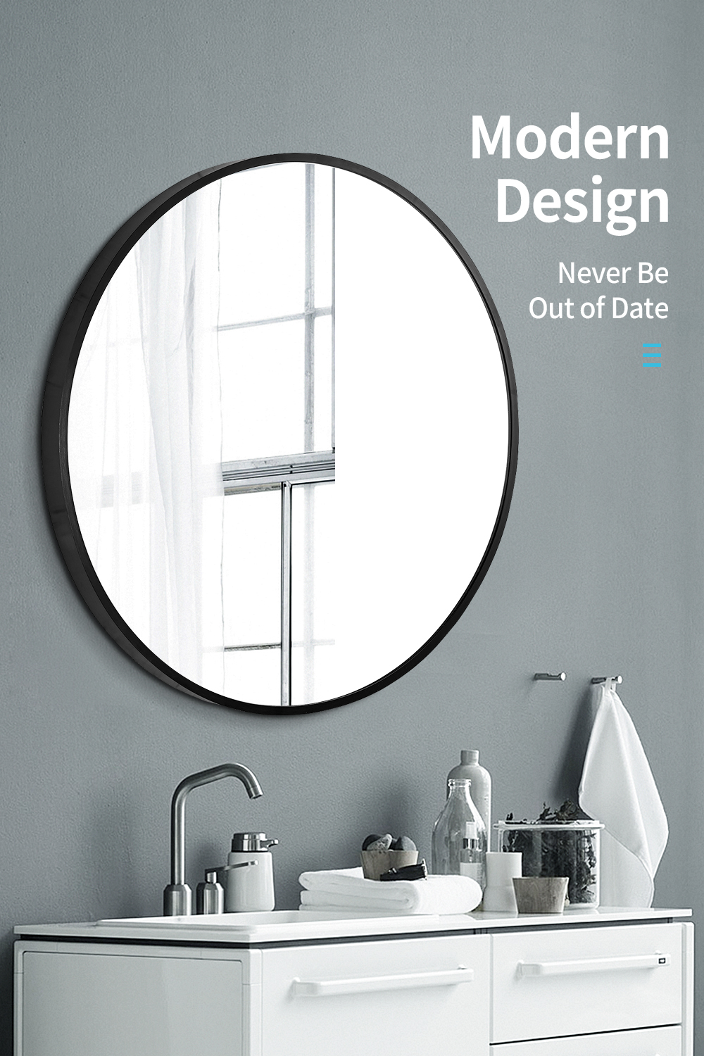600 700 800 900mm Bathroom Round Makeup Vanity Wall Mirror Black Aluminum Framed Home Decor