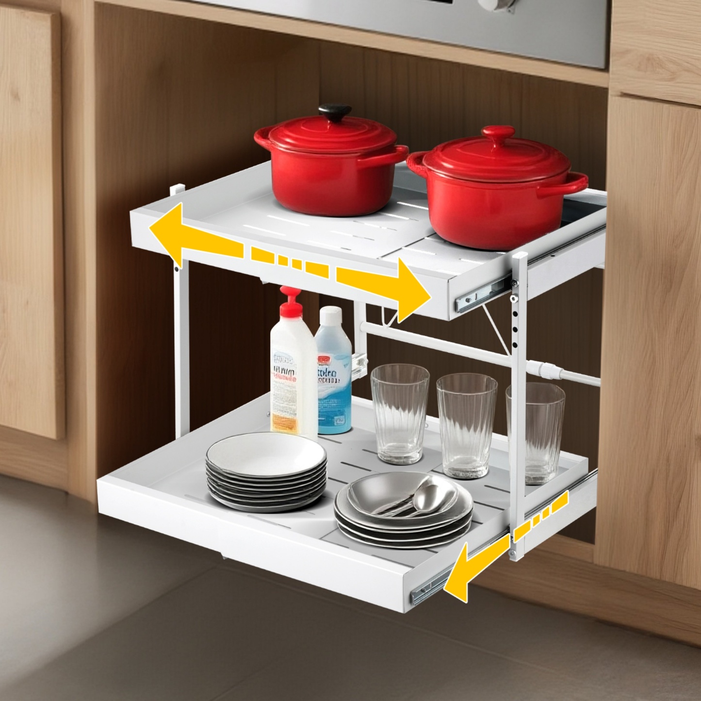 Kitchen Under Sink Cabinet Adjustable Width/Height Organizer Drawer Rack Pull Out Storage Holder Basket Shelf White