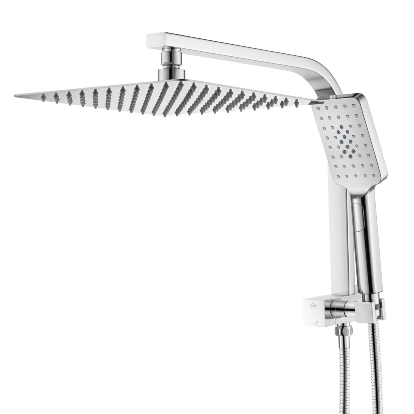 10“ Rectangle Rainfall Twin Shower Set Super Thin Overhead Shower Head 3 Function Hand-held Shower Rose Gooseneck Shower Arm Chrome/Black