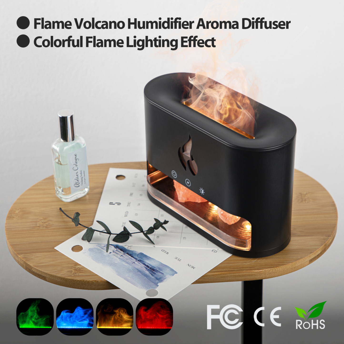4 Colors LED Flame Salt Stone Aroma Diffuser Essential Oil Ultrasonic Humidifier