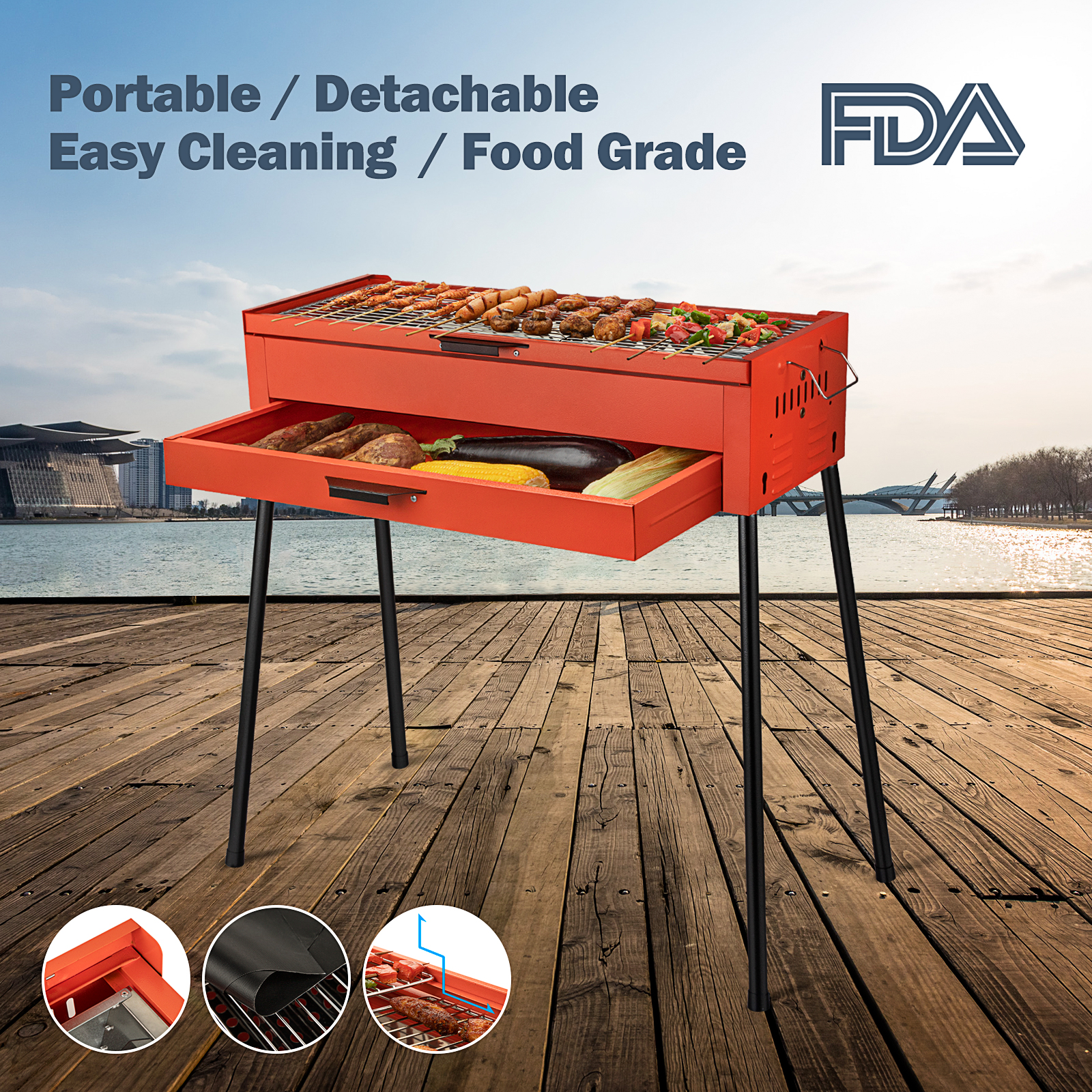 Portable Stainless Steel Charcoal Barbecue BBQ Grill Portable Outdoor Camping Picnic Smoker 85x28x77cm