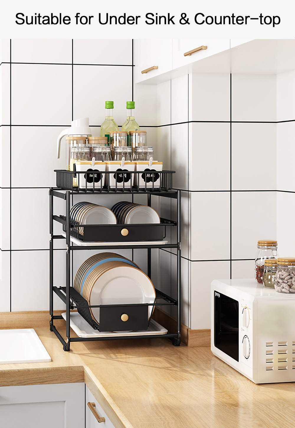 3-Layer Dish Storage Rack Drainer Kitchen Organiser Plate Bowl Drying Slide Out Drawer