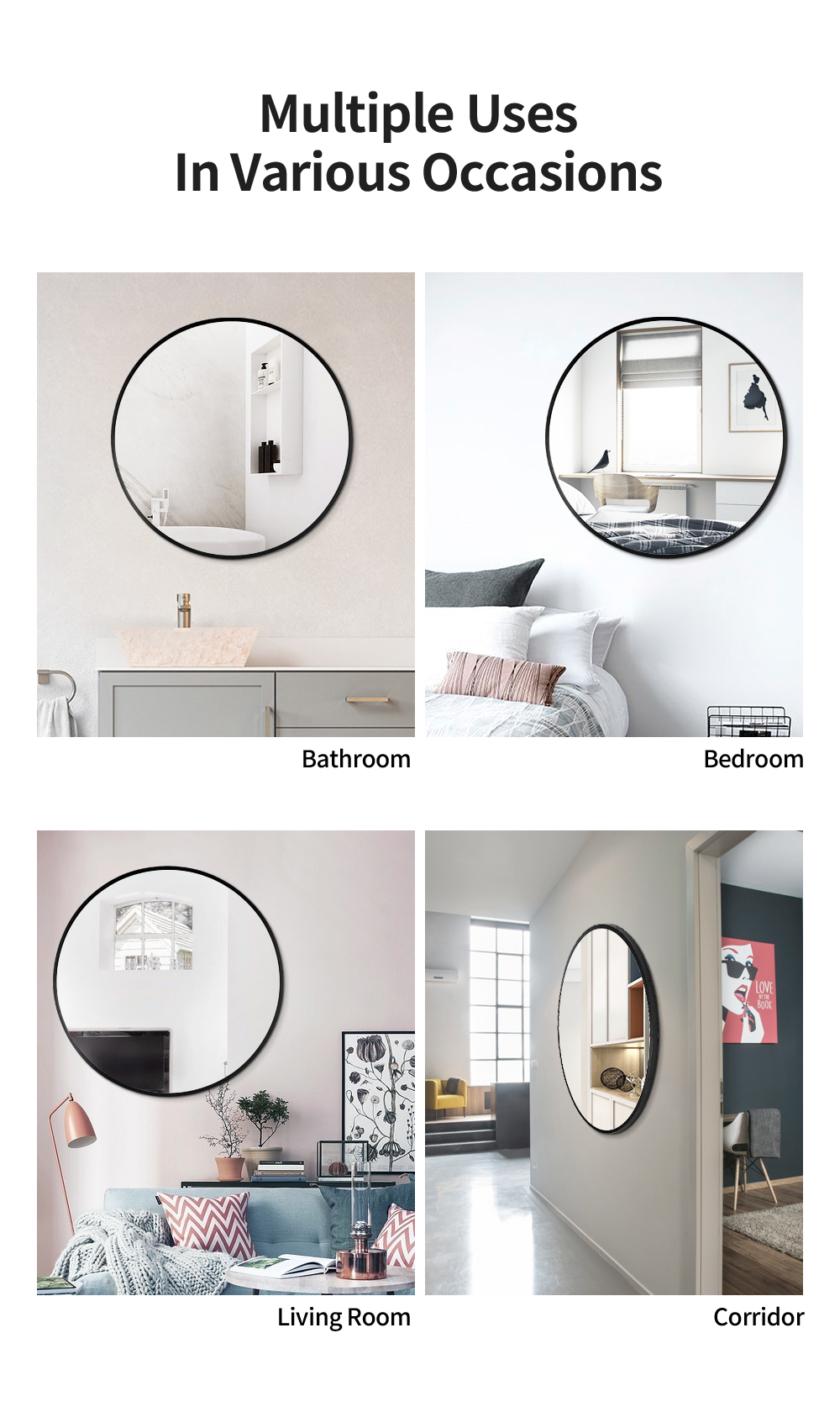 600 700 800 900mm Bathroom Round Makeup Vanity Wall Mirror Black Aluminum Framed Home Decor