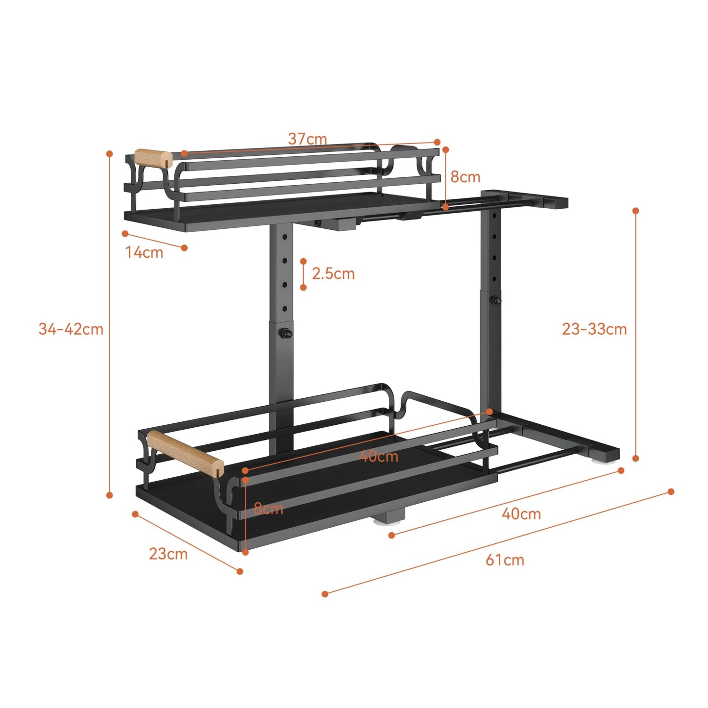 2 Tier Adjustable Height Slide-Out Under Sink Organizer Rack Kitchen Cabinet Bathroom Storage Shelf Holder White/Black