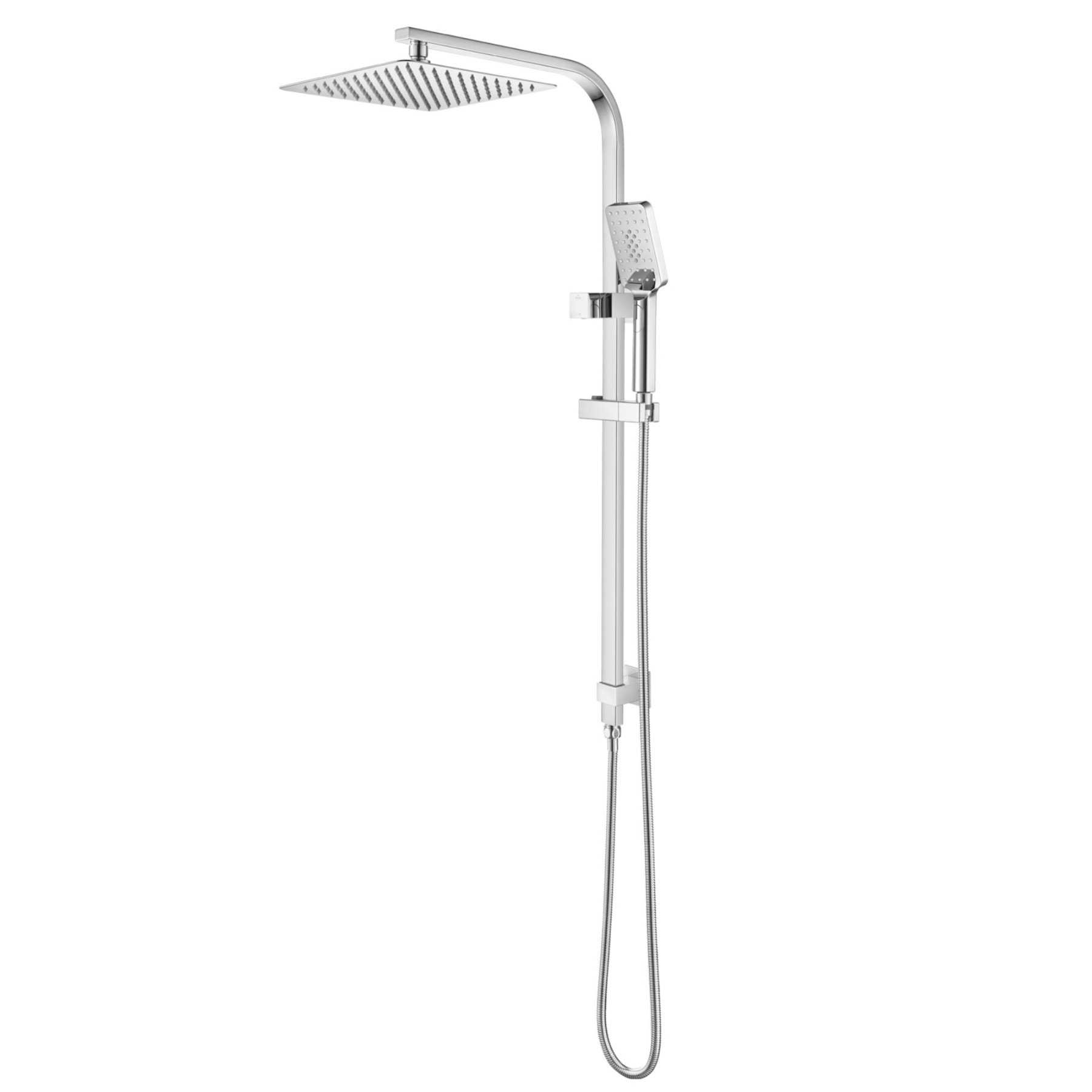 Bathroom 10“ Square Rainfall Twin Shower Set Super Thin Overhead Shower Head 3 Function Hand-held Shower Rose Gooseneck Shower Arm Diverter Chrome/Black