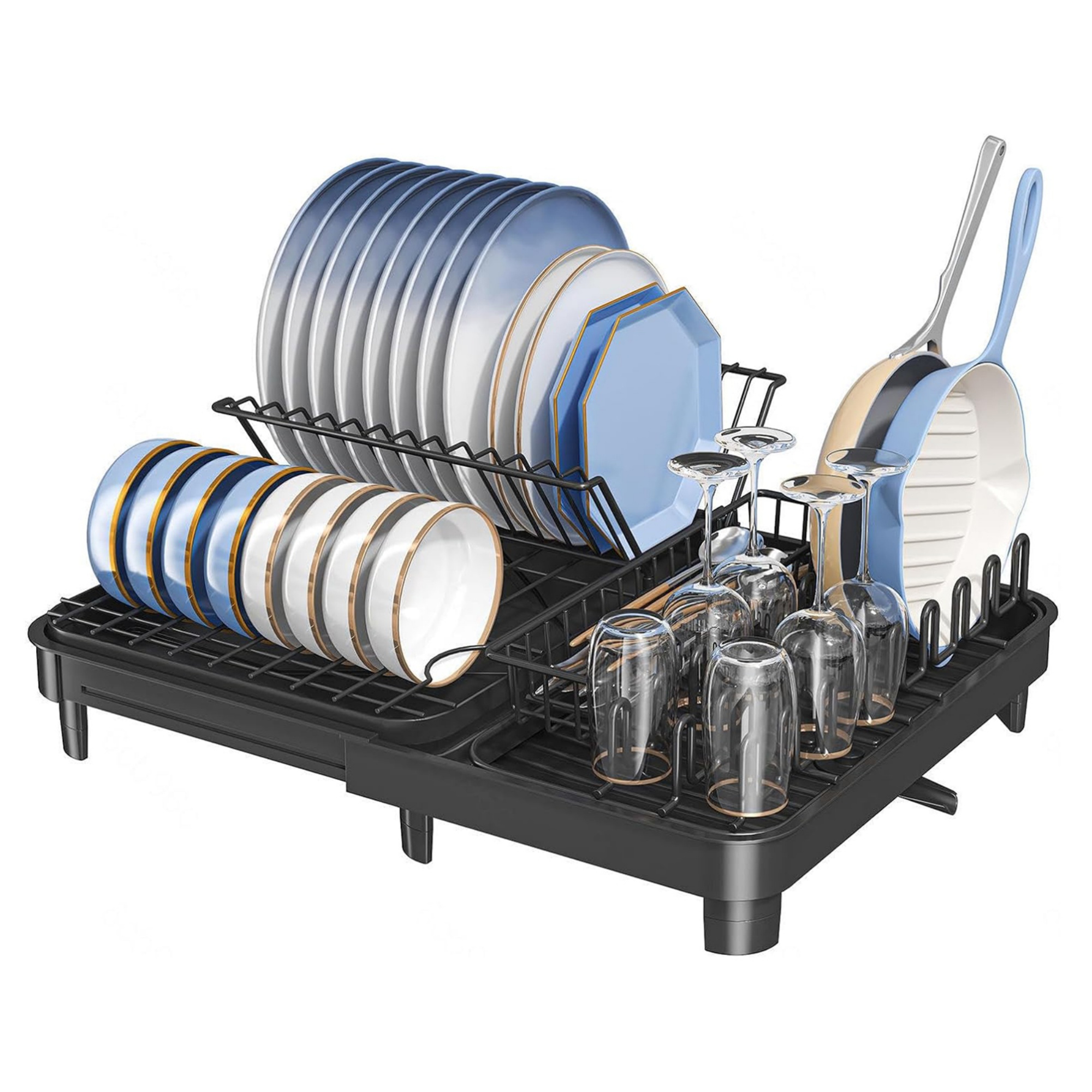 Expandable Black Dish Bowl Drying Storage Rack Kitchen Dish Plate Cup Holder Drain Organizer