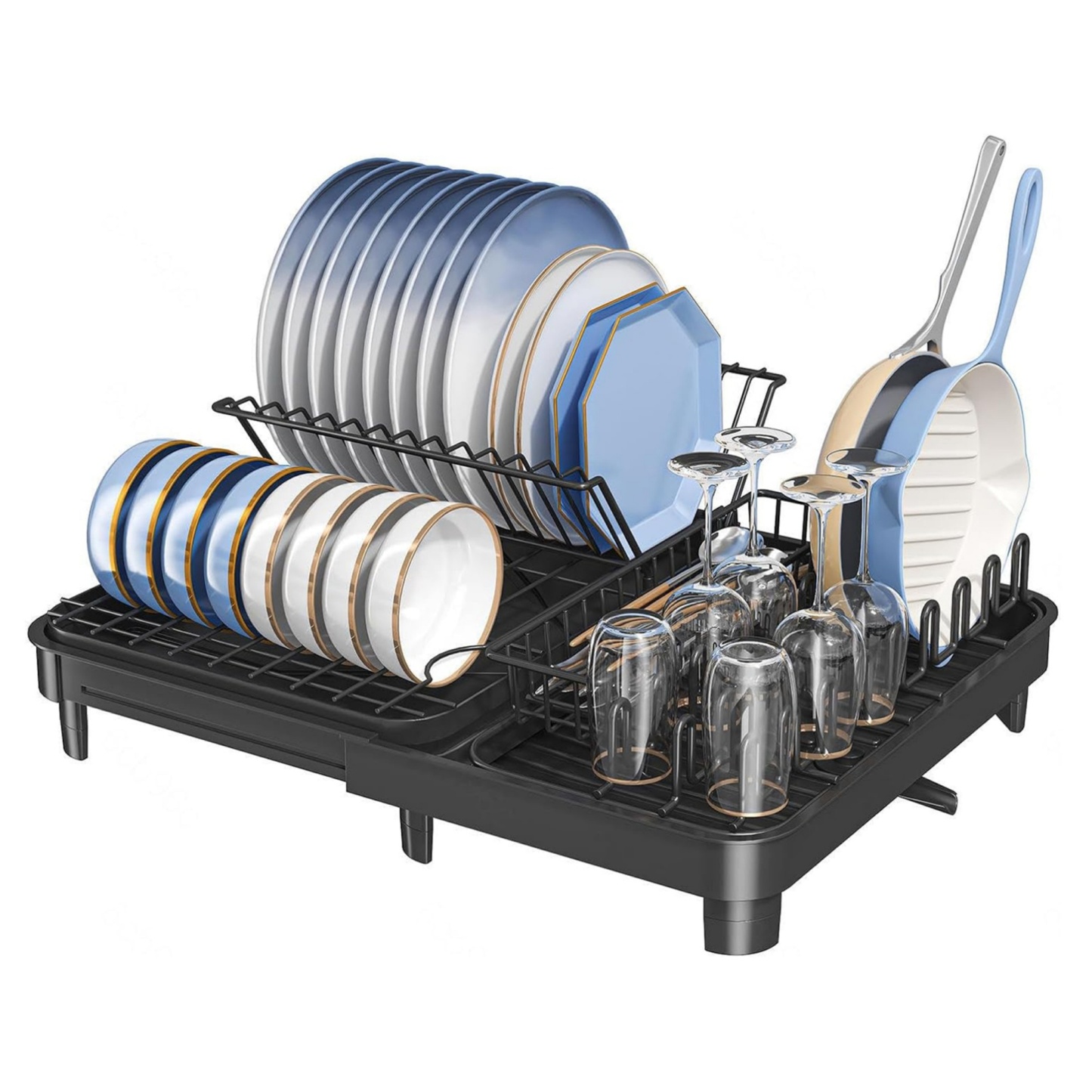 Expandable Black Dish Bowl Drying Storage Rack Kitchen Dish Plate Cup Holder Drain Organizer